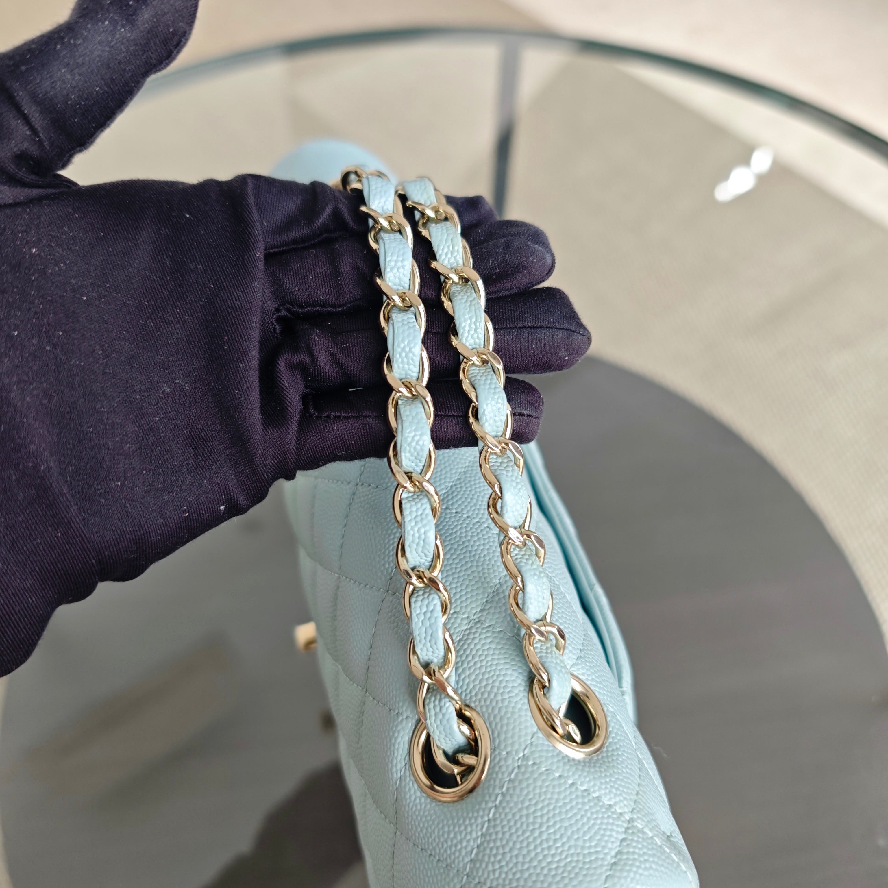 Chanel Classic Flap Medium - Caviar 25CM Quilted Light Blue Baby Blue Gold Hardware Microchip