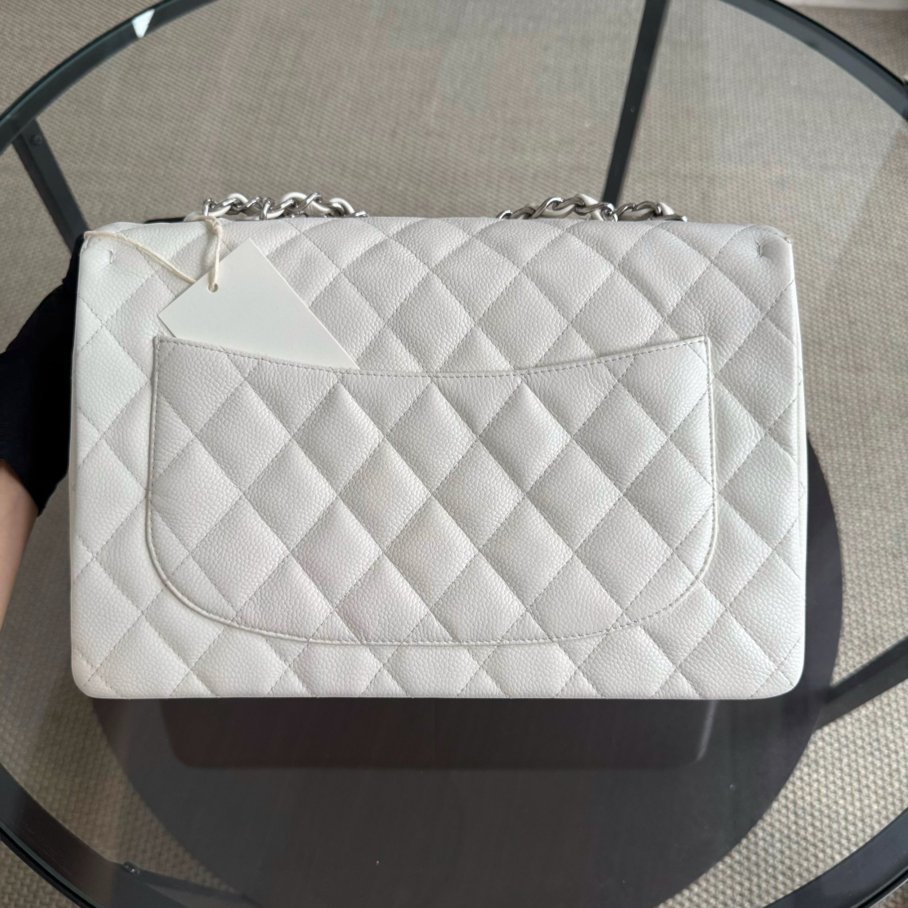 Chanel Classic Flap Jumbo - Caviar 30CM Single Flap Quilted White Silver Hardware Series 10