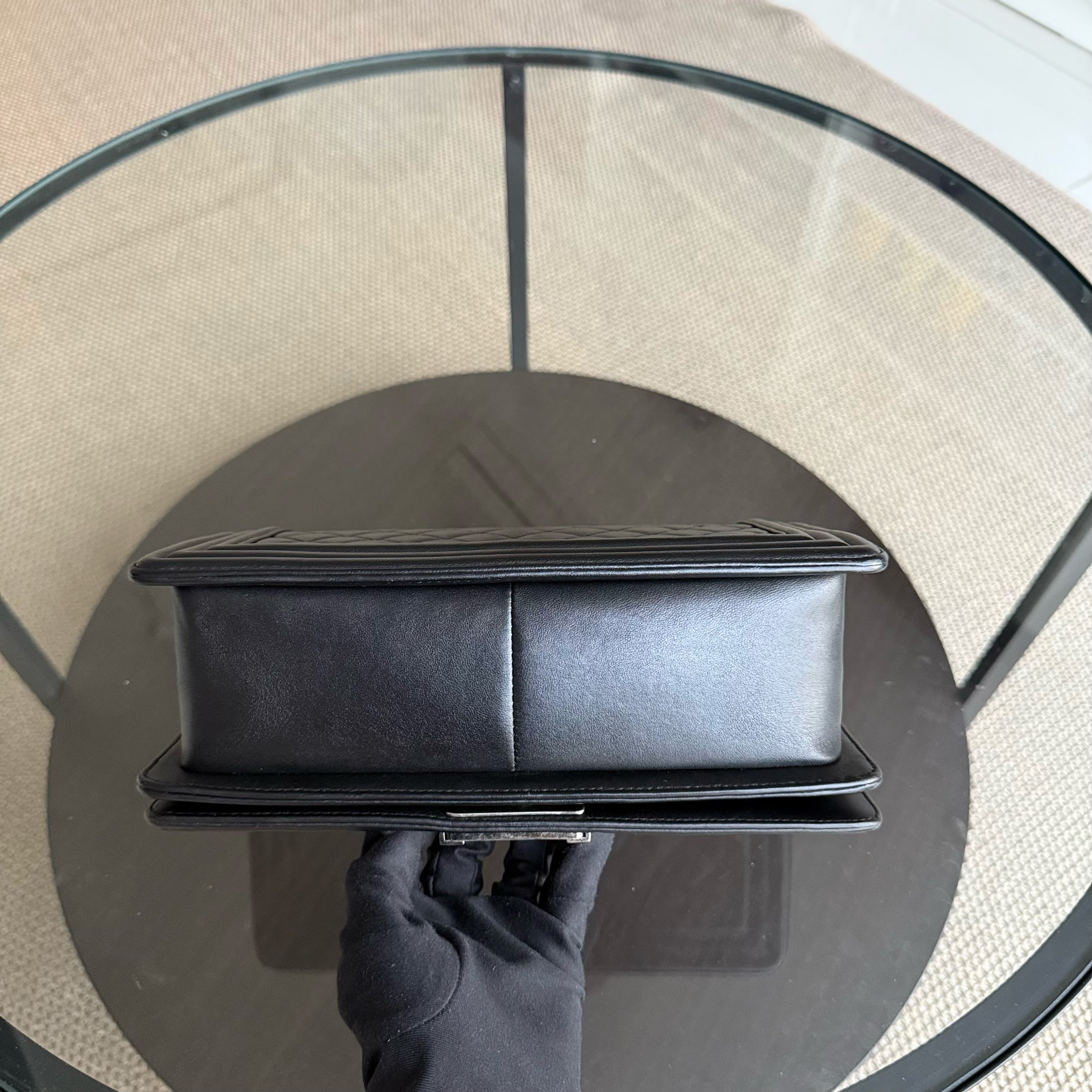 Chanel Boy Old Medium 25CM Quilted Lambskin Black Leboy Ruthenium Silver Hardware