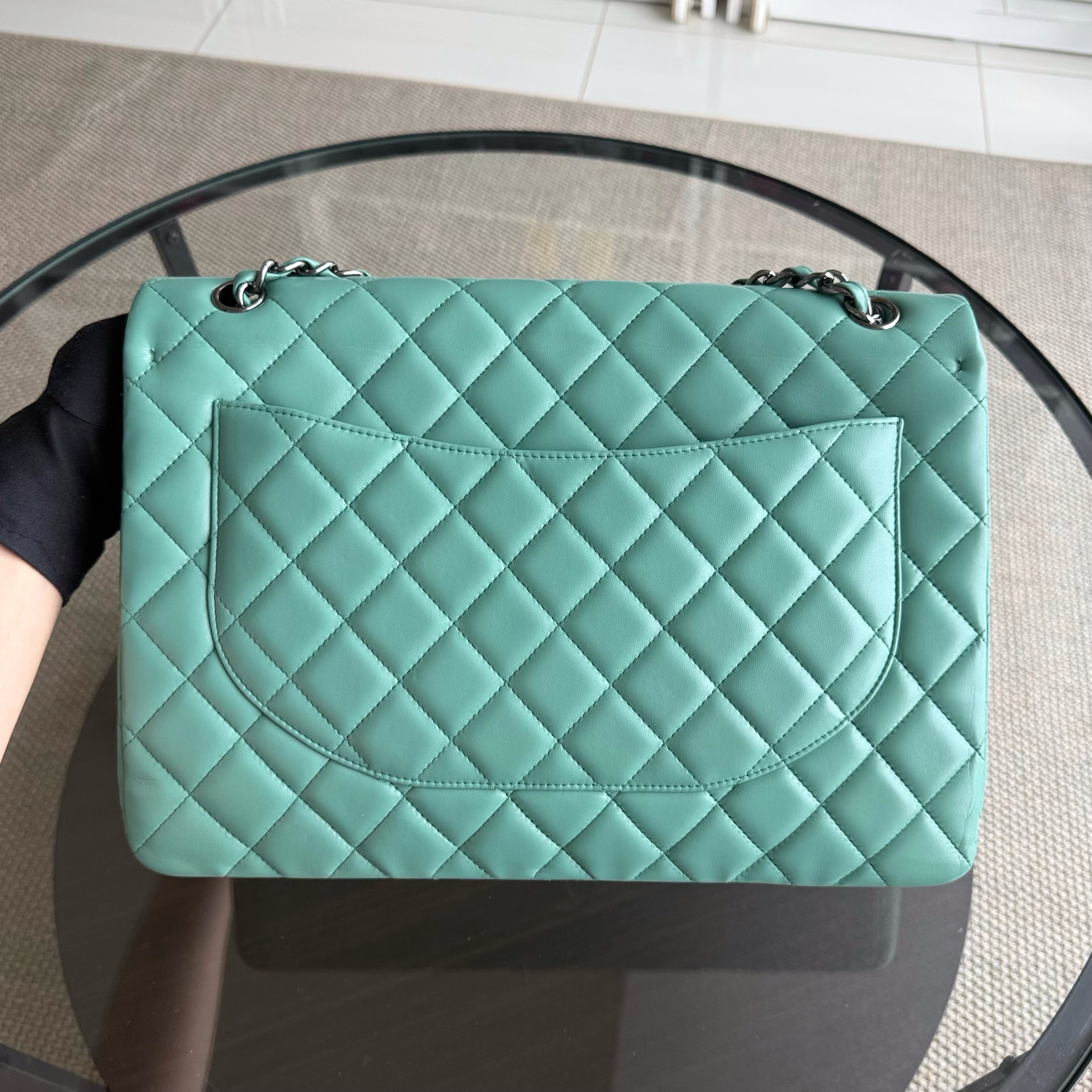 Chanel Classic Flap Maxi - 33CM Quilted Single Flap Lambskin Tiffiny Blue Silver Hardware Series 13