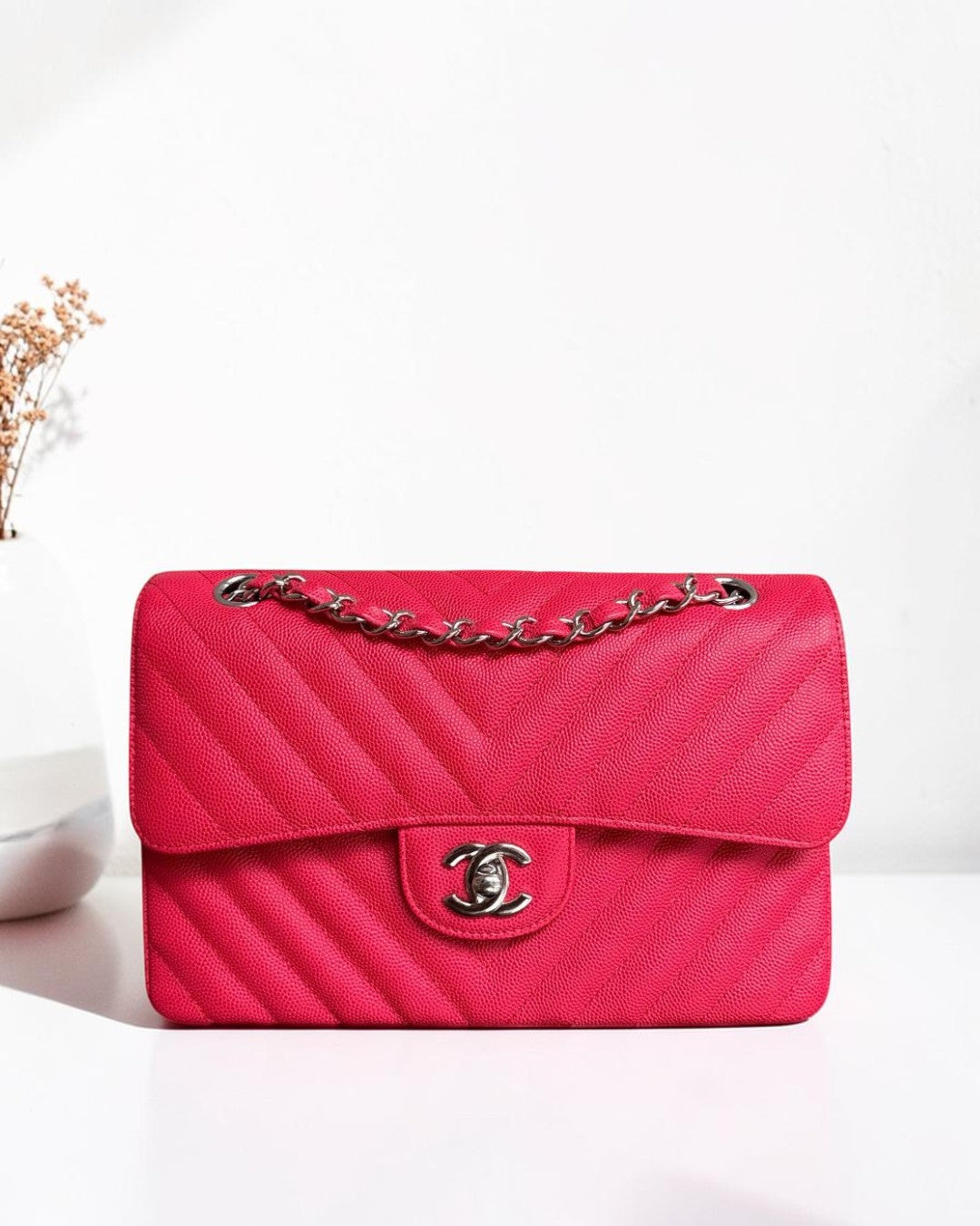 Chanel Classic Flap Small - Caviar 23CM Chevron Red Silver Hardware Series 25