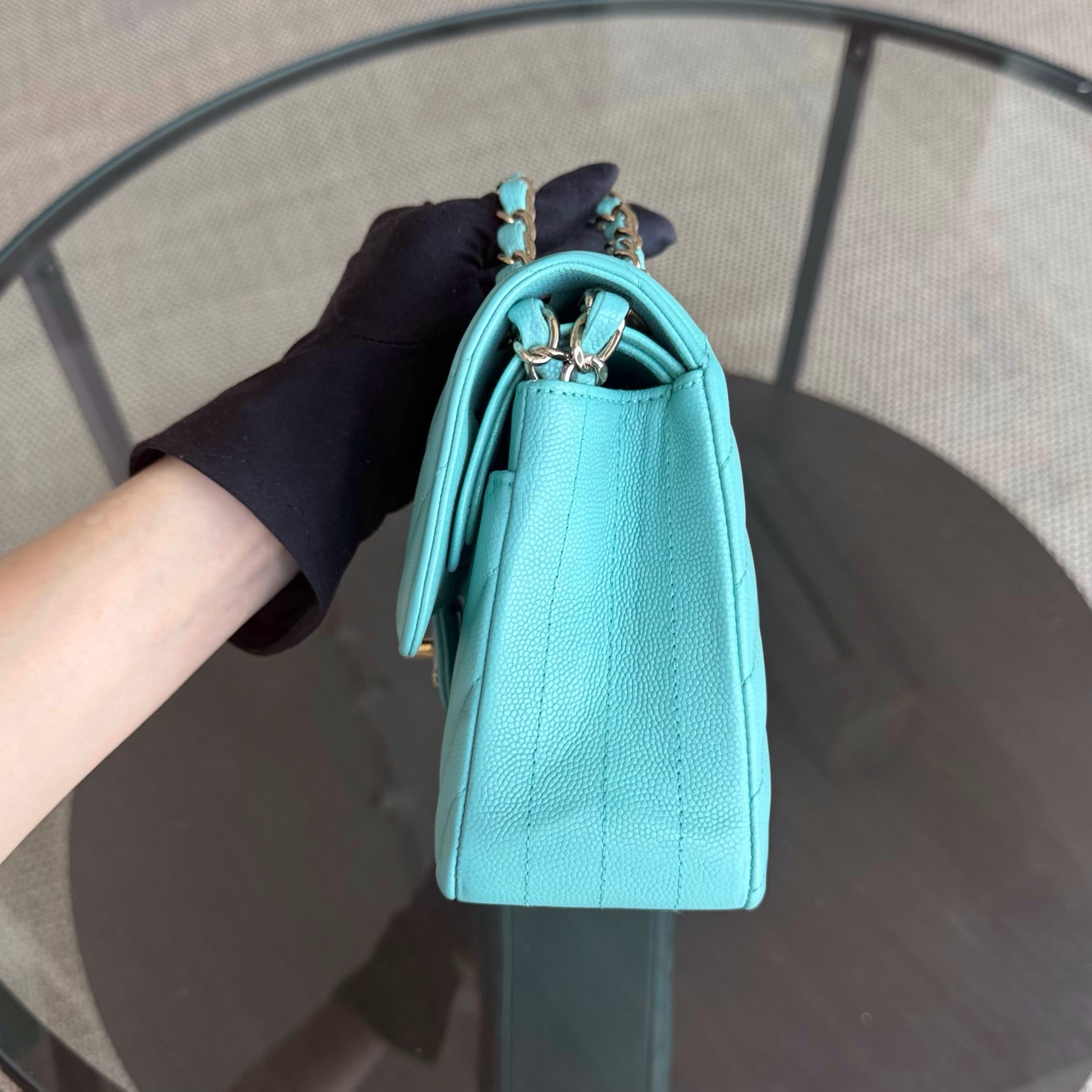 Chanel Classic Flap Small - Caviar 23CM Chevron Light Blue Tiffiny Blue Gold Hardware Series 27