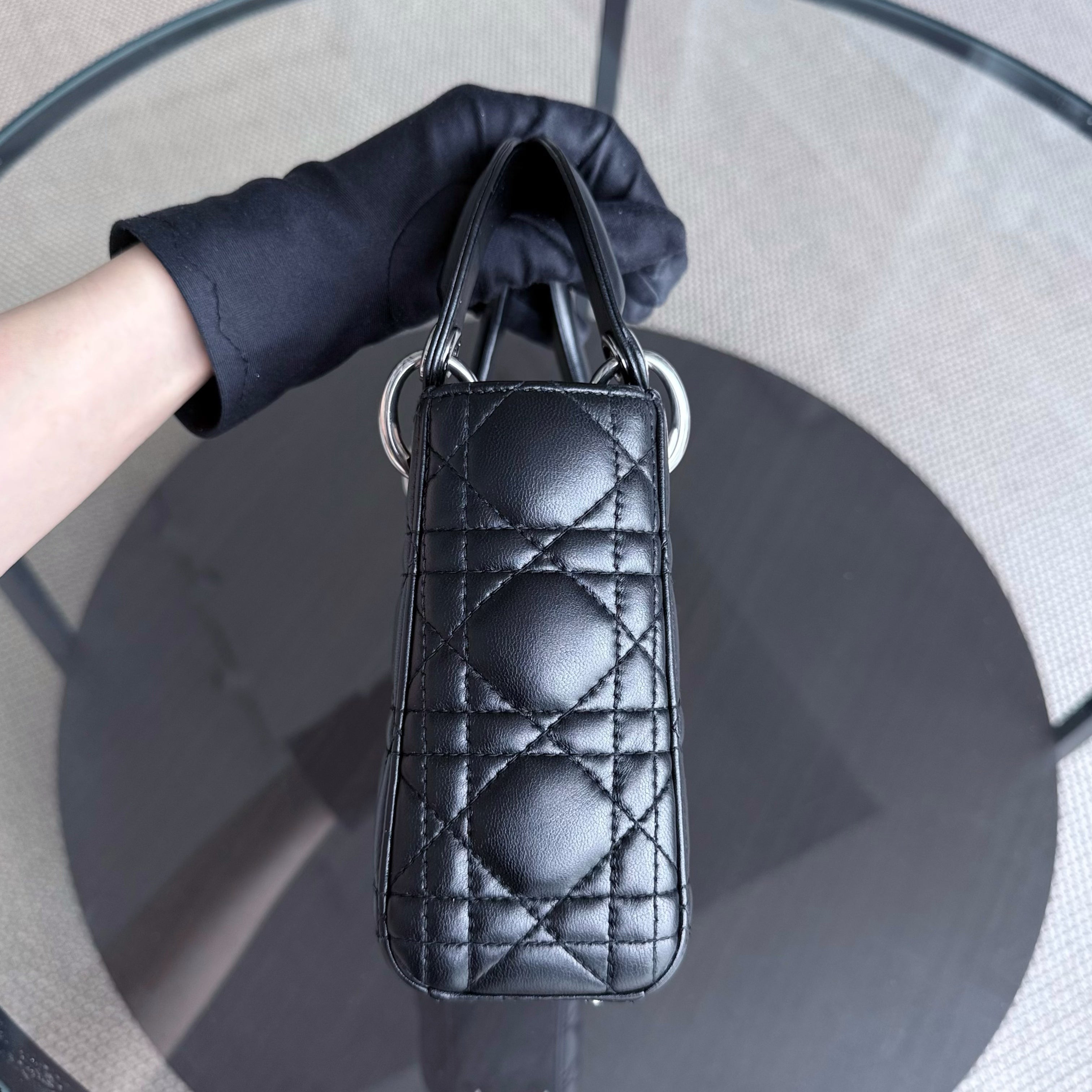Dior Lady Mini - Cannage Lambskin Black Silver Hardware Adjustable Strap