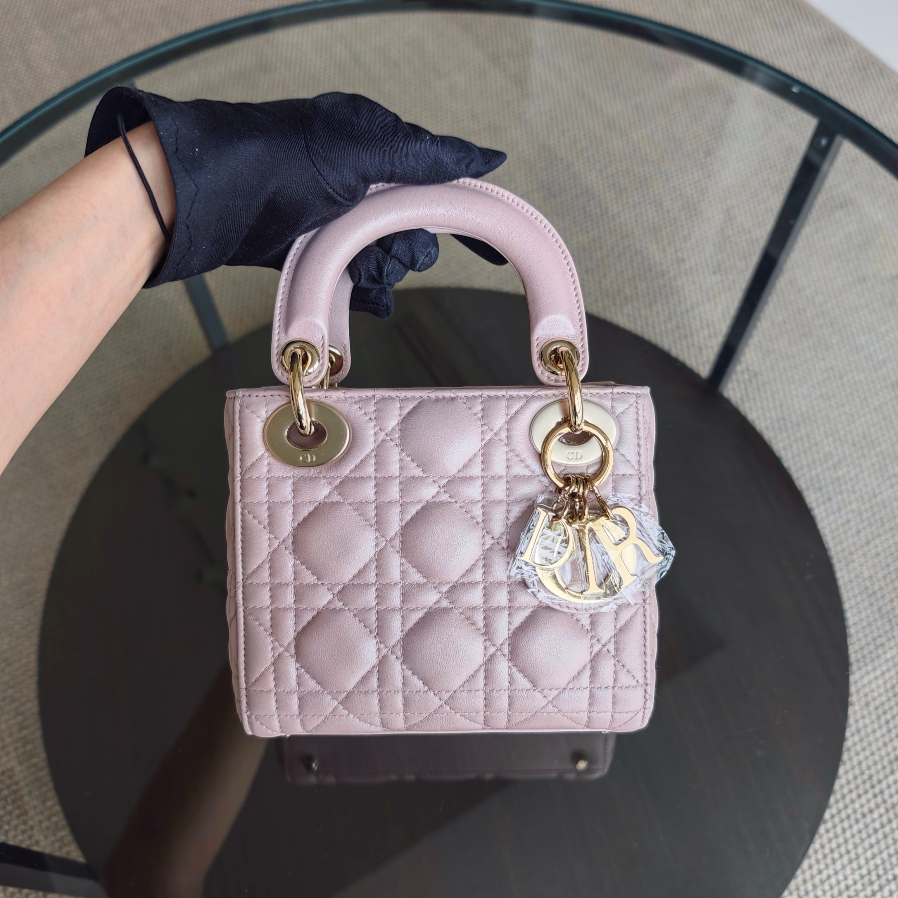 Dior Lady Mini - Cannage Lambskin Light Pink Gold Hardware Chain Strap
