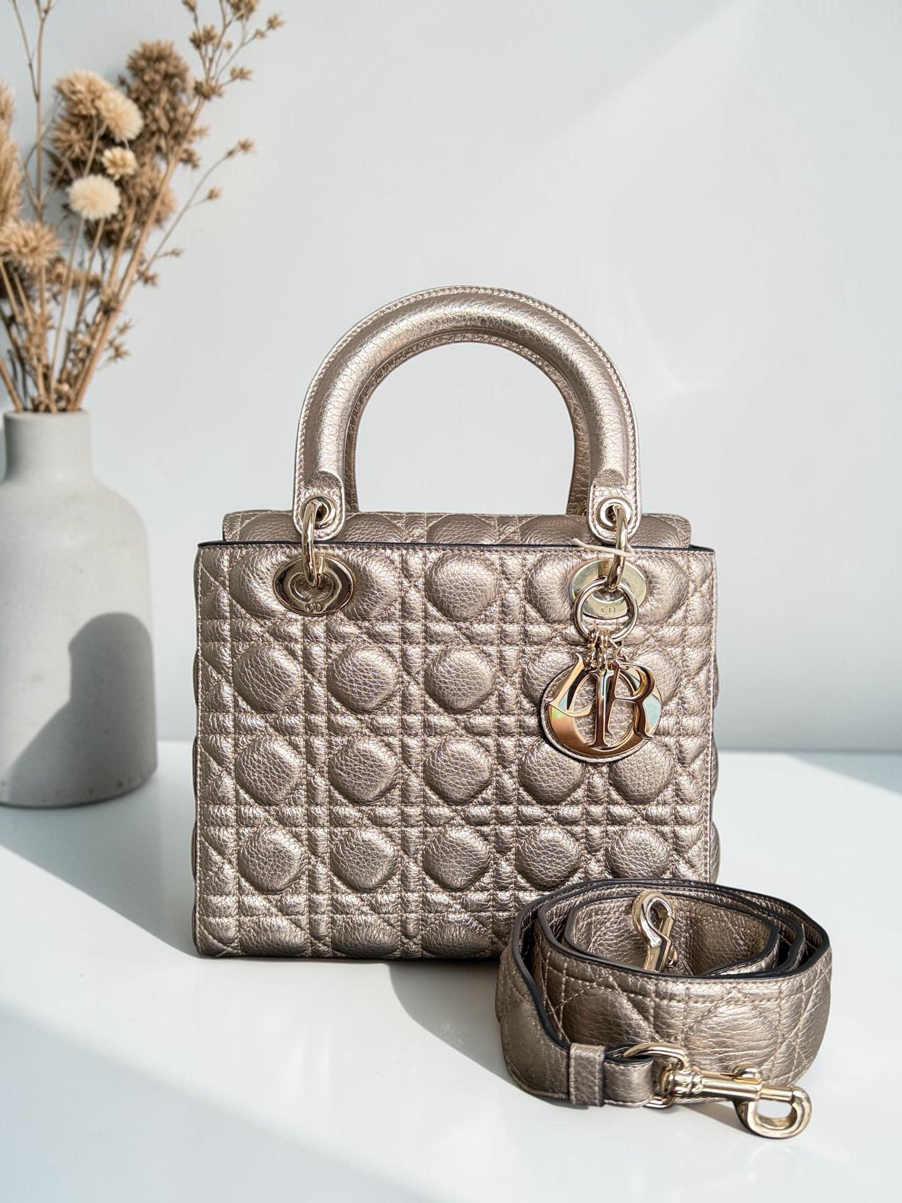 Dior Lady Medium Flap - Cannage Metallic Gold Gold Hardware