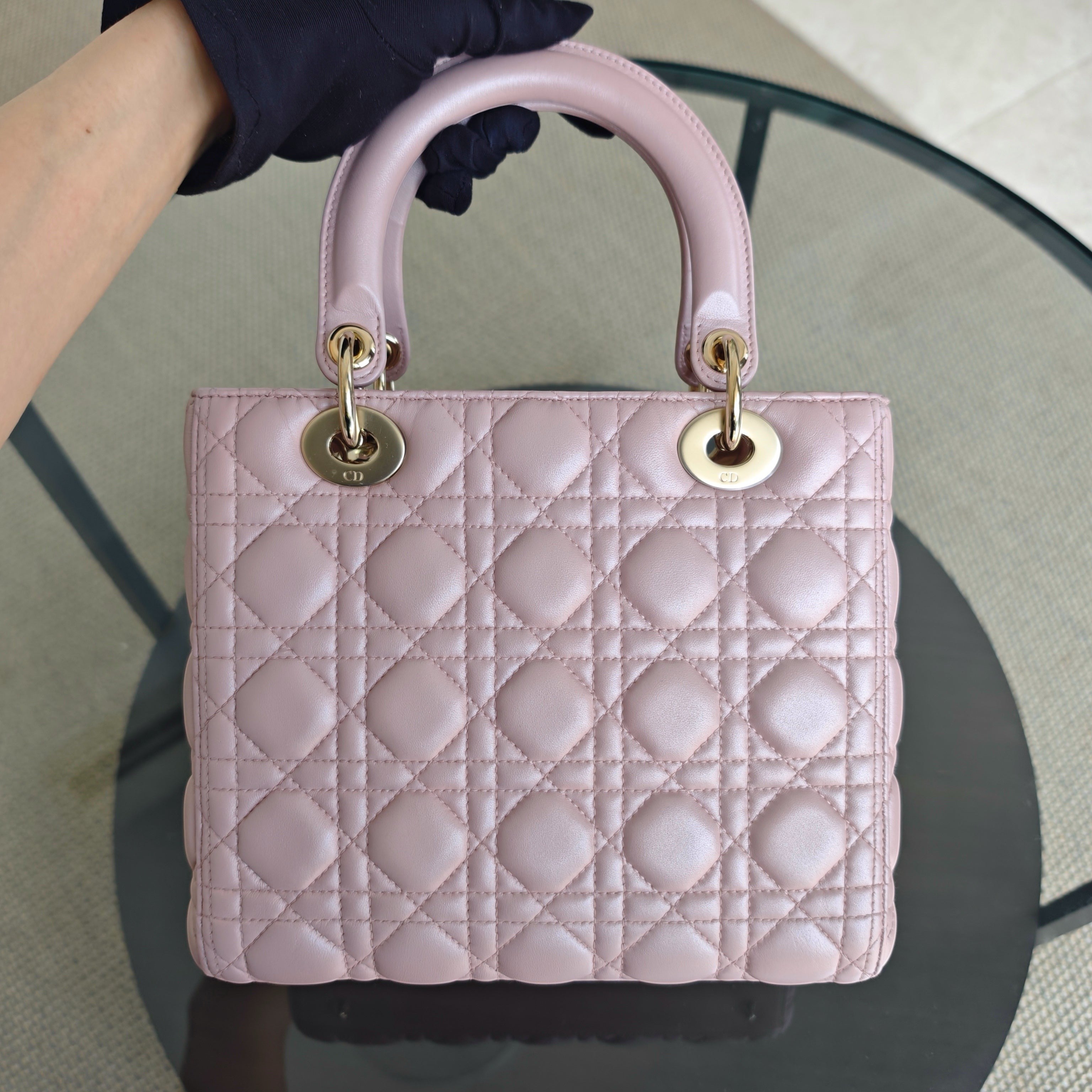 Dior Lady Medium - Cannage Lambskin Light Pink Gold Hardware Adjustable Strap
