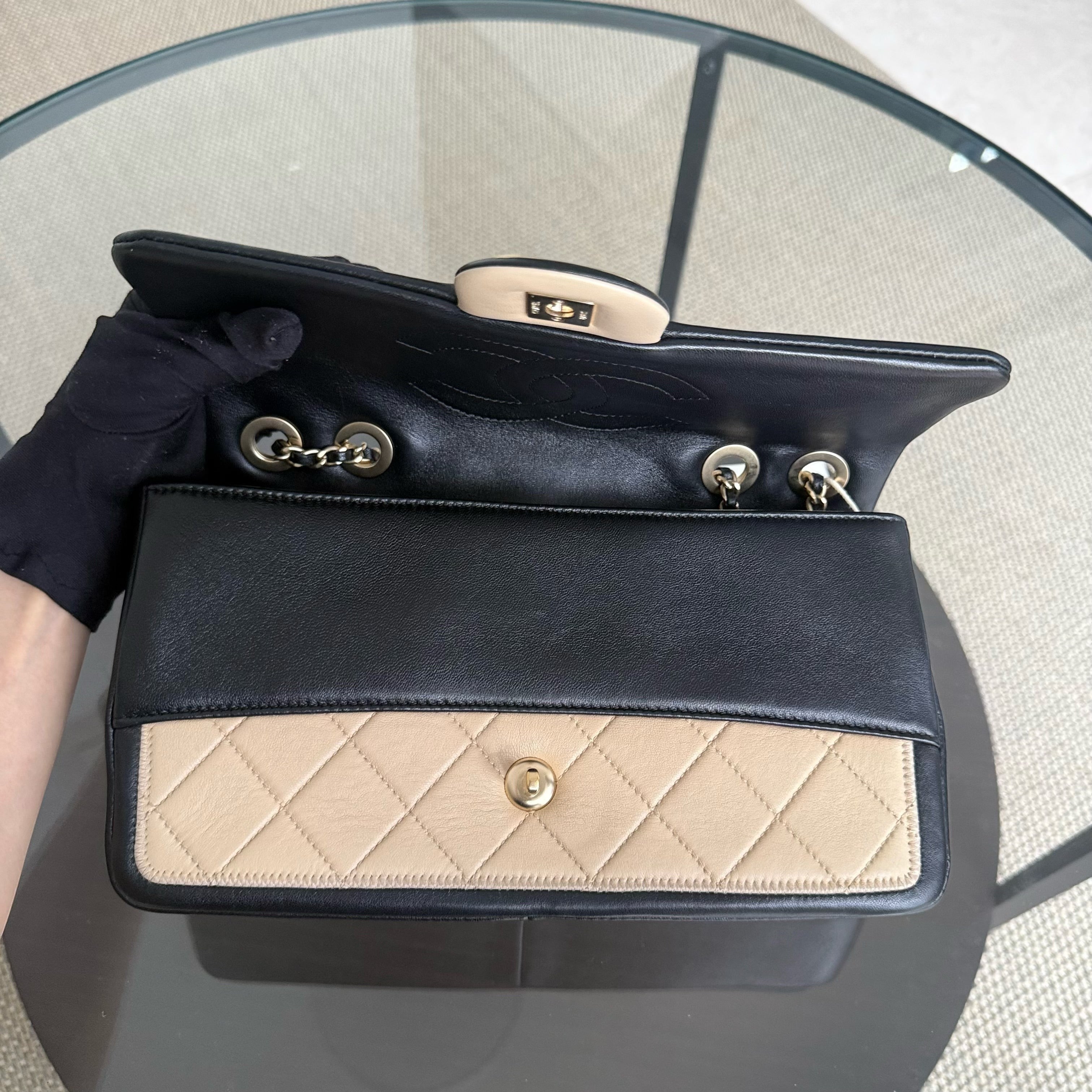 Chanel Seasonal Flap - 25CM Quilted Lambskin Bi-Color Beige Black Gold Hardware