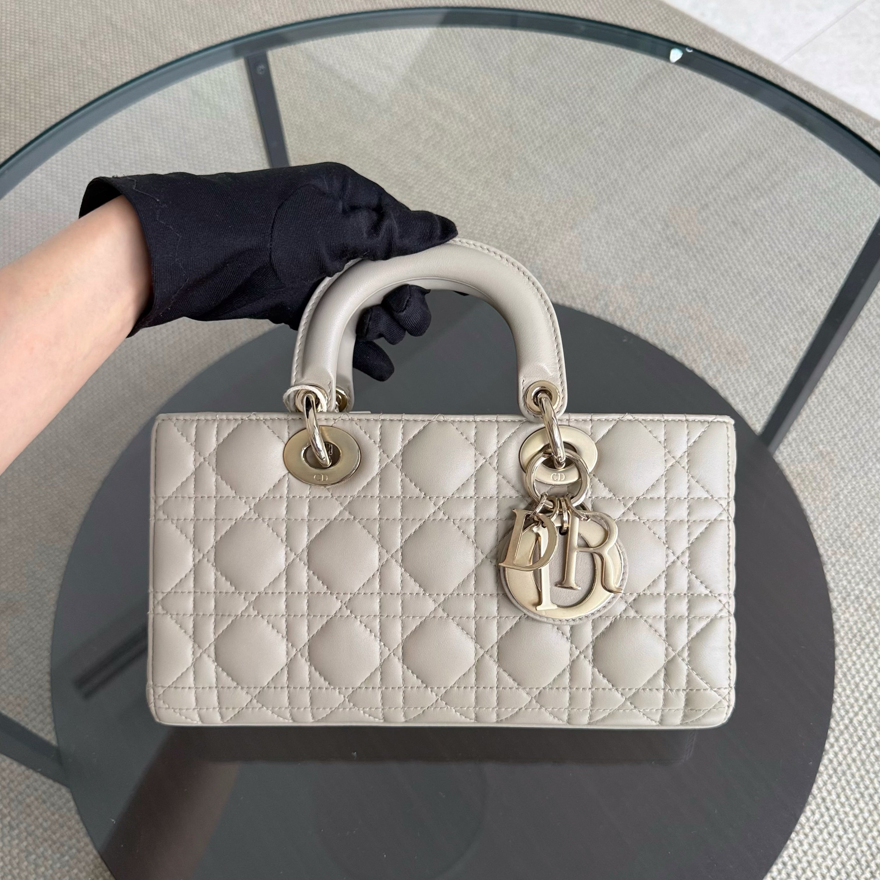 Dior D-Joy Medium Cannage Lambskin Beige Golden Hardware Shoulder Bag