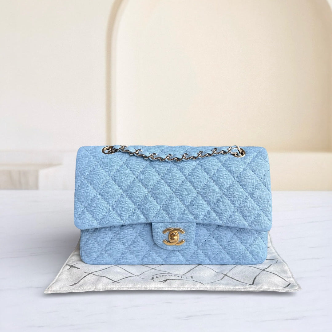 Chanel Classic Flap Medium - Caviar 25CM Quilted Light Blue Gold Hardware Microchip