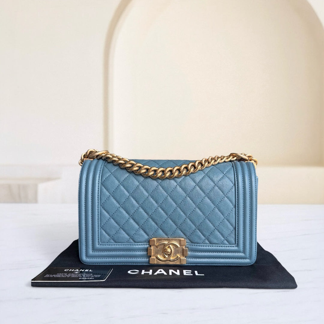 Chanel Boy Medium - Caviar 25CM Quilted Blue Gold Hardware 25