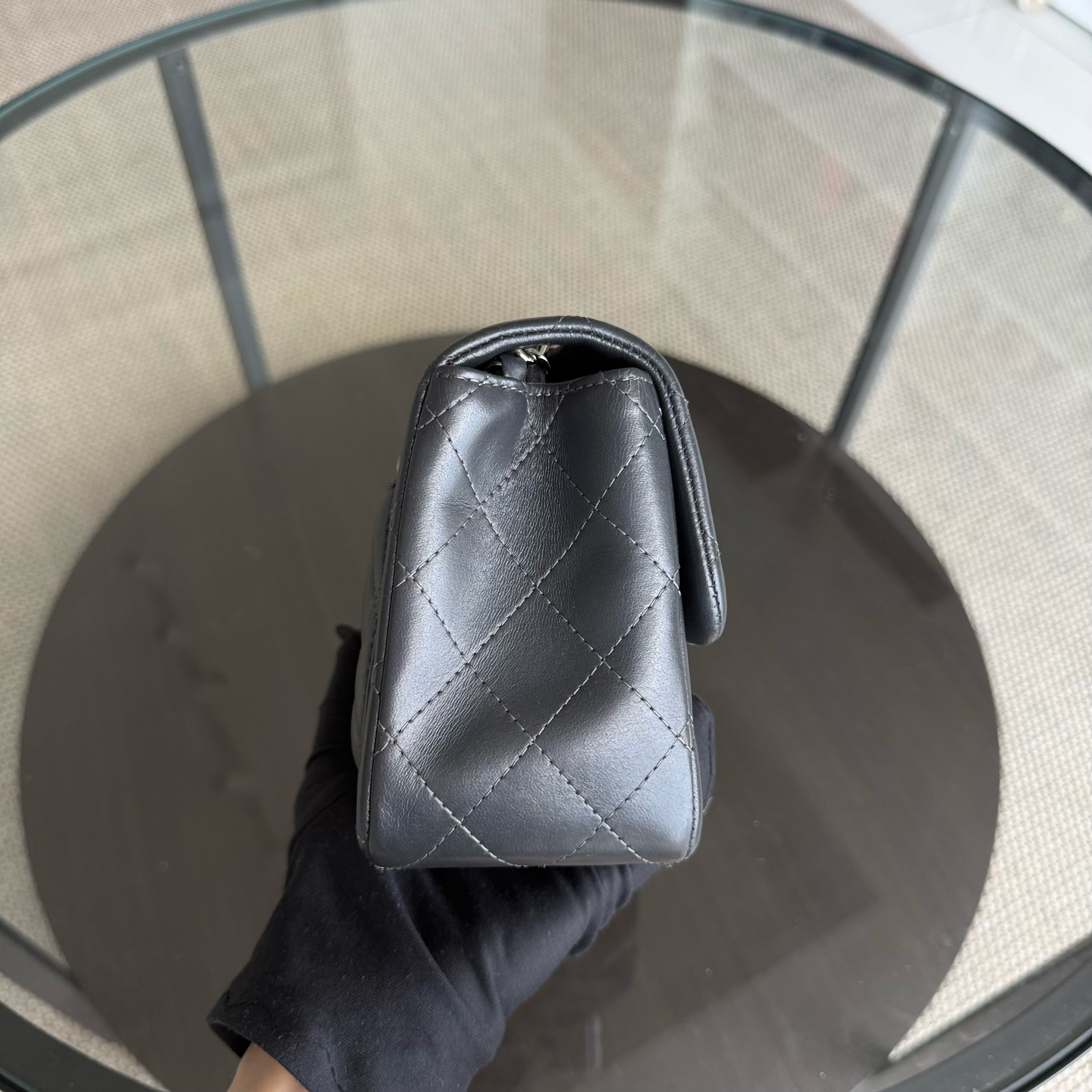 Chanel Classic Flap Mini Square - 17CM Quilted Lambskin Dark Gray Grey Gold Hardware Series 16