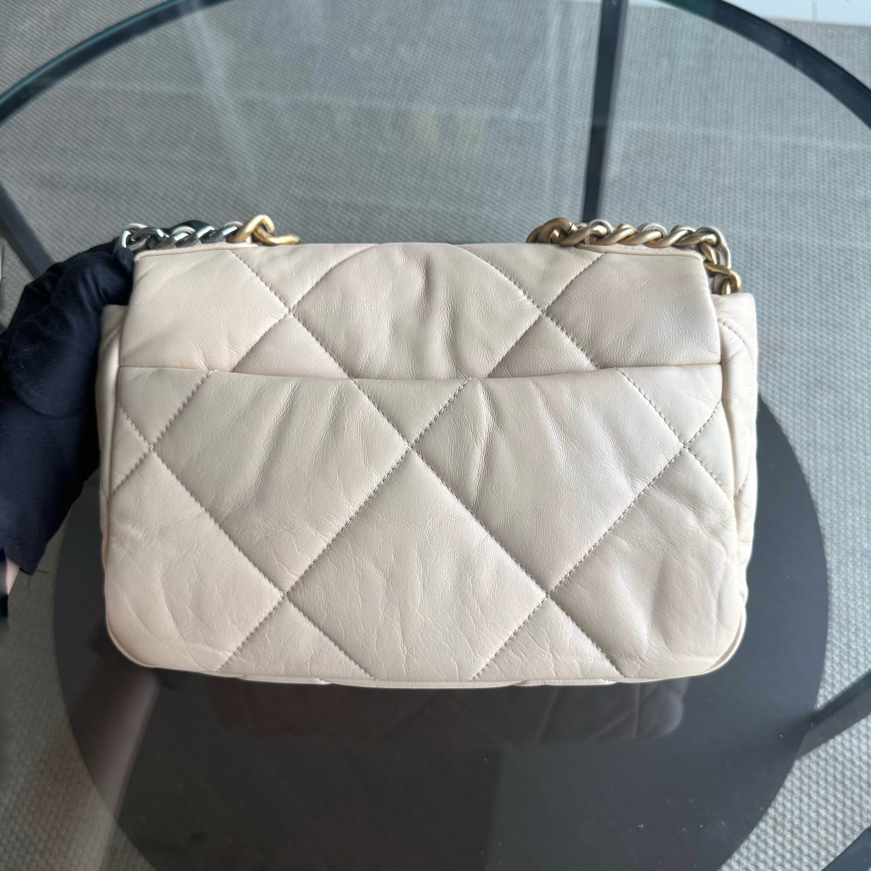 Chanel 19 Bag  Small- C19 Quilted Goatskin Light Beige Cream Two-tone Hardware Series 30