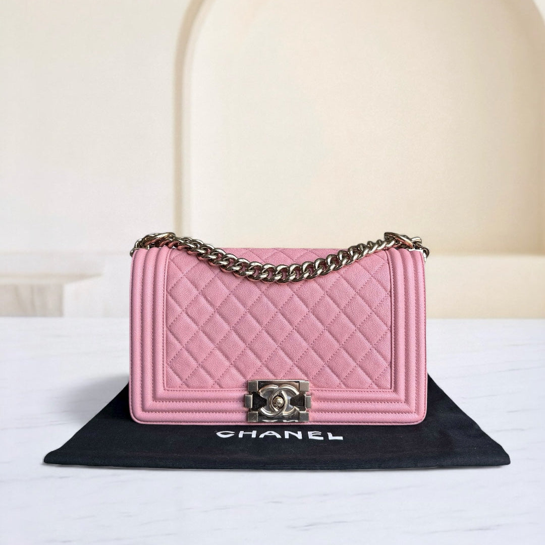 Chanel Boy Medium - Caviar 25CM Quilted Pink Gold Hardware Series 27