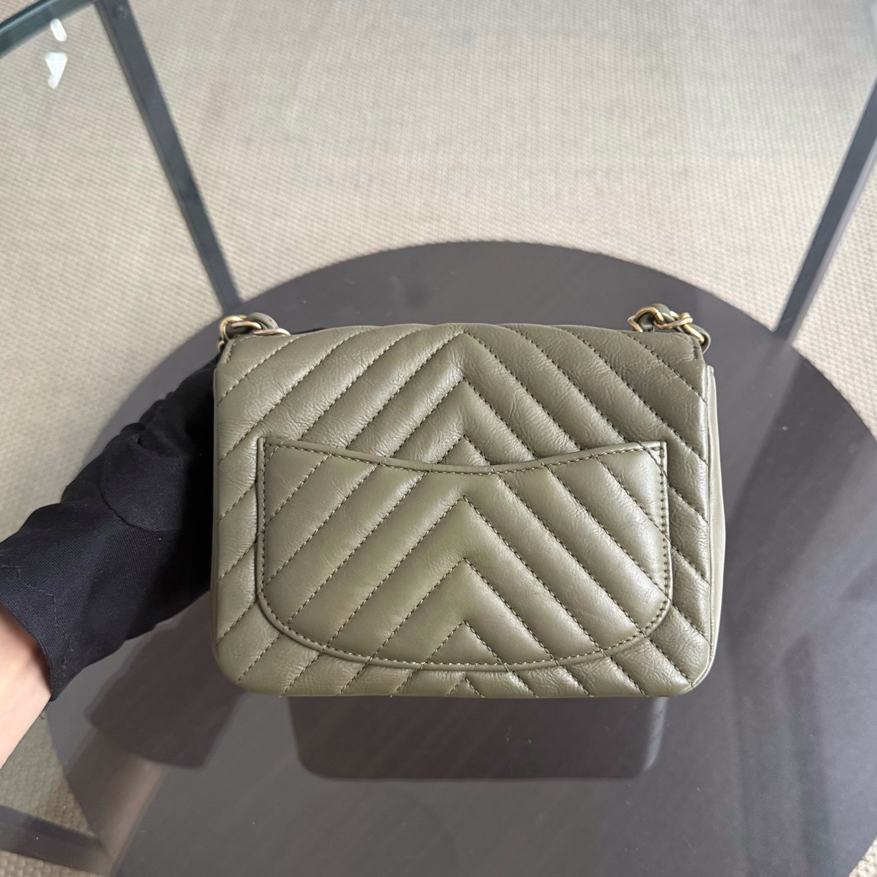 Chanel Classic Flap Mini Square - Calfskin Quilted Olive Green Gold Hardware Series 23