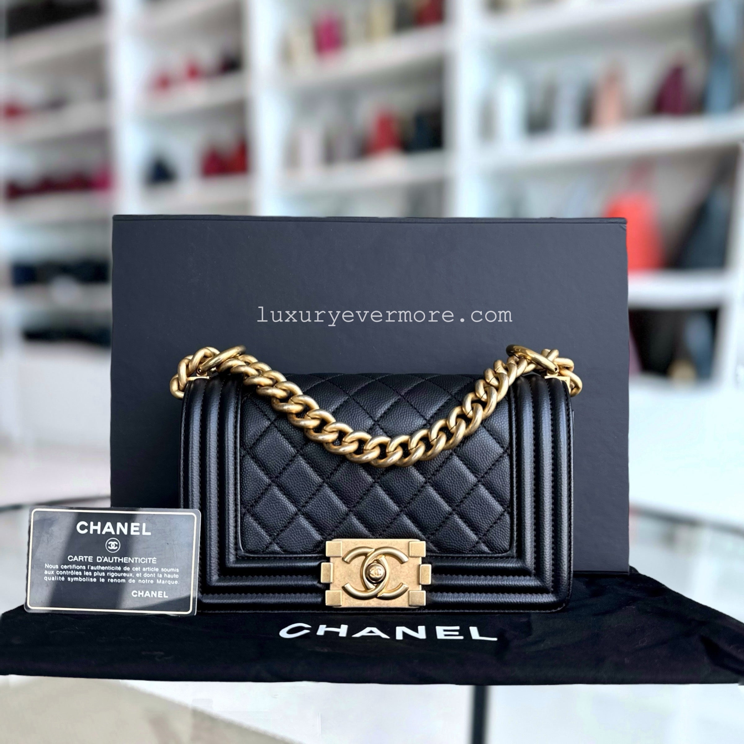 Chanel Caviar Boy Small 20CM Quilted Grained Calfskin Black Leboy Golden Hardware Series 24