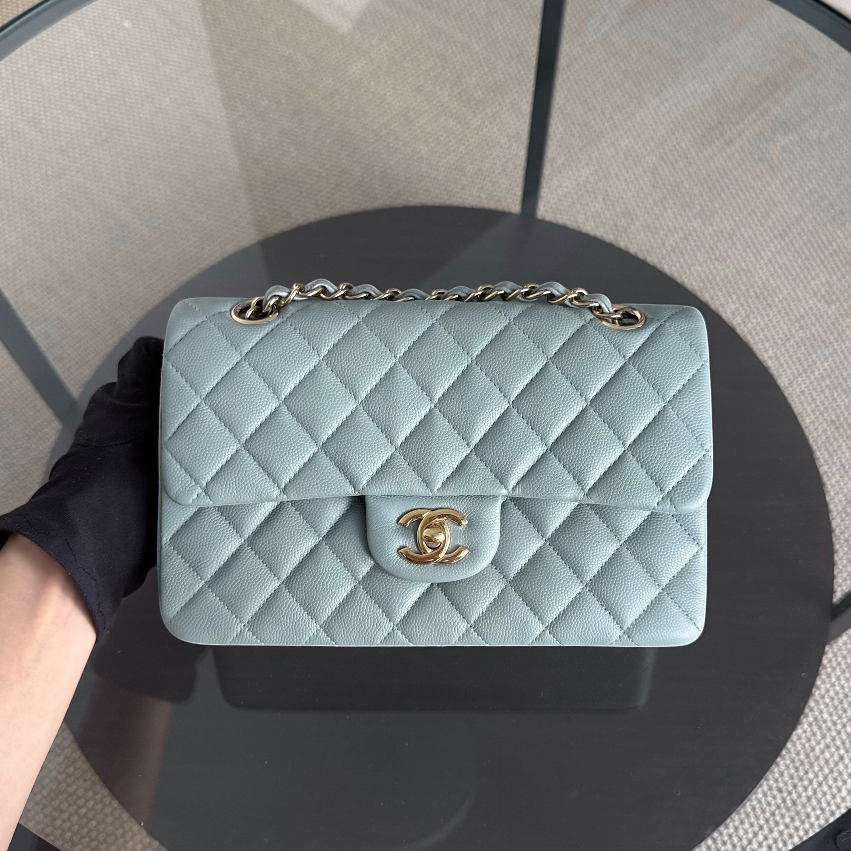 Chanel Classic Flap Small - Caviar 23CM Quilted Green Light Gold Hardware Microchip
