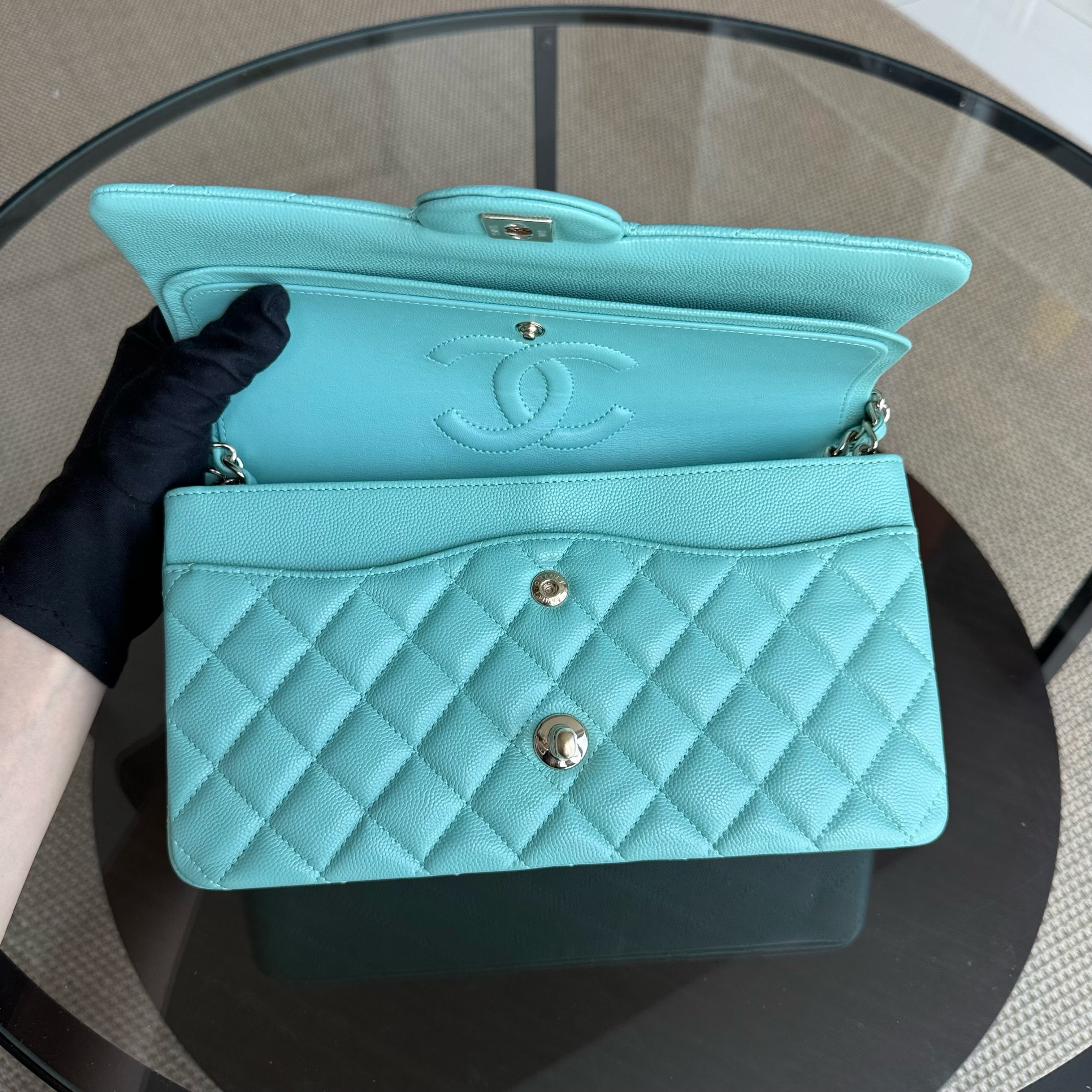 Chanel Classic Flap Medium - 25CM Quilted Caviar Light Blue Gold Hardware Series 31