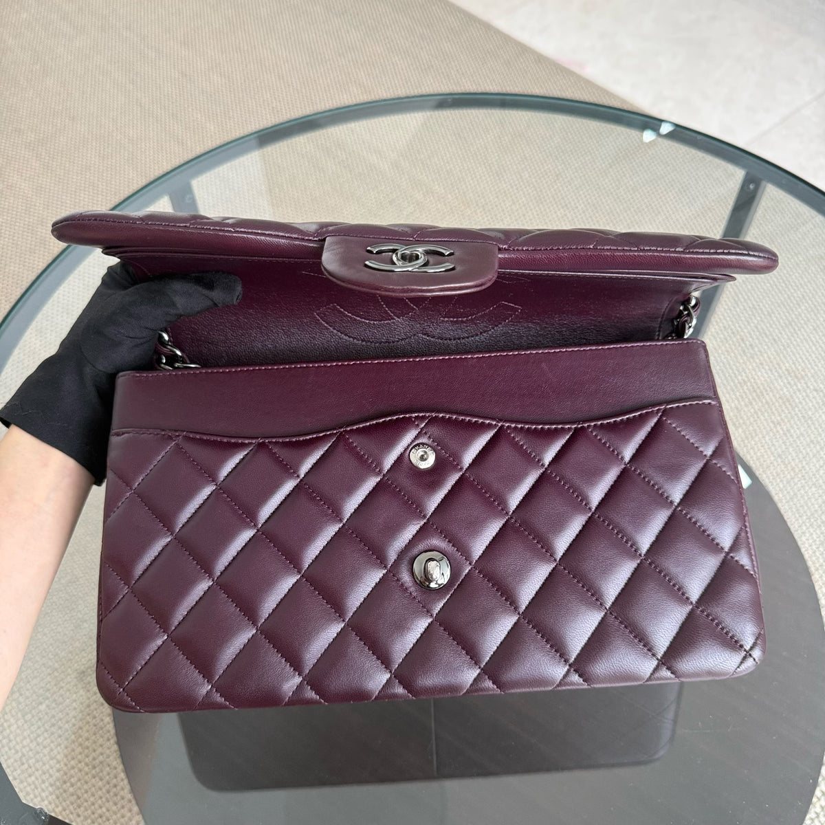 Chanel Classic Flap Jumbo - Double Flap 30CM Quilted Lambskin Dark Maroon Dark Silver Hardware
