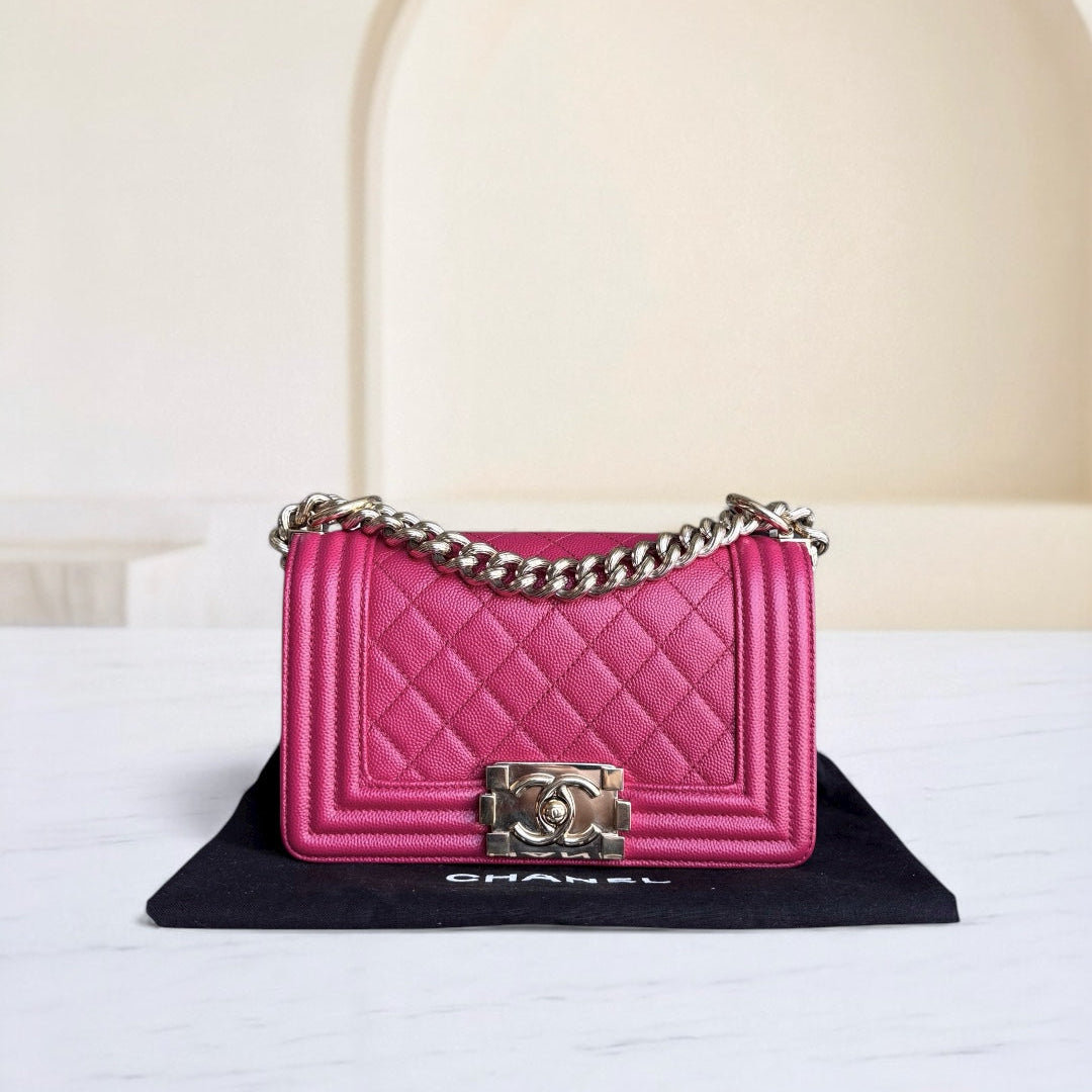 Chanel Boy Small - Caviar 20CM Quilted Pink Gold Hardware Series 23