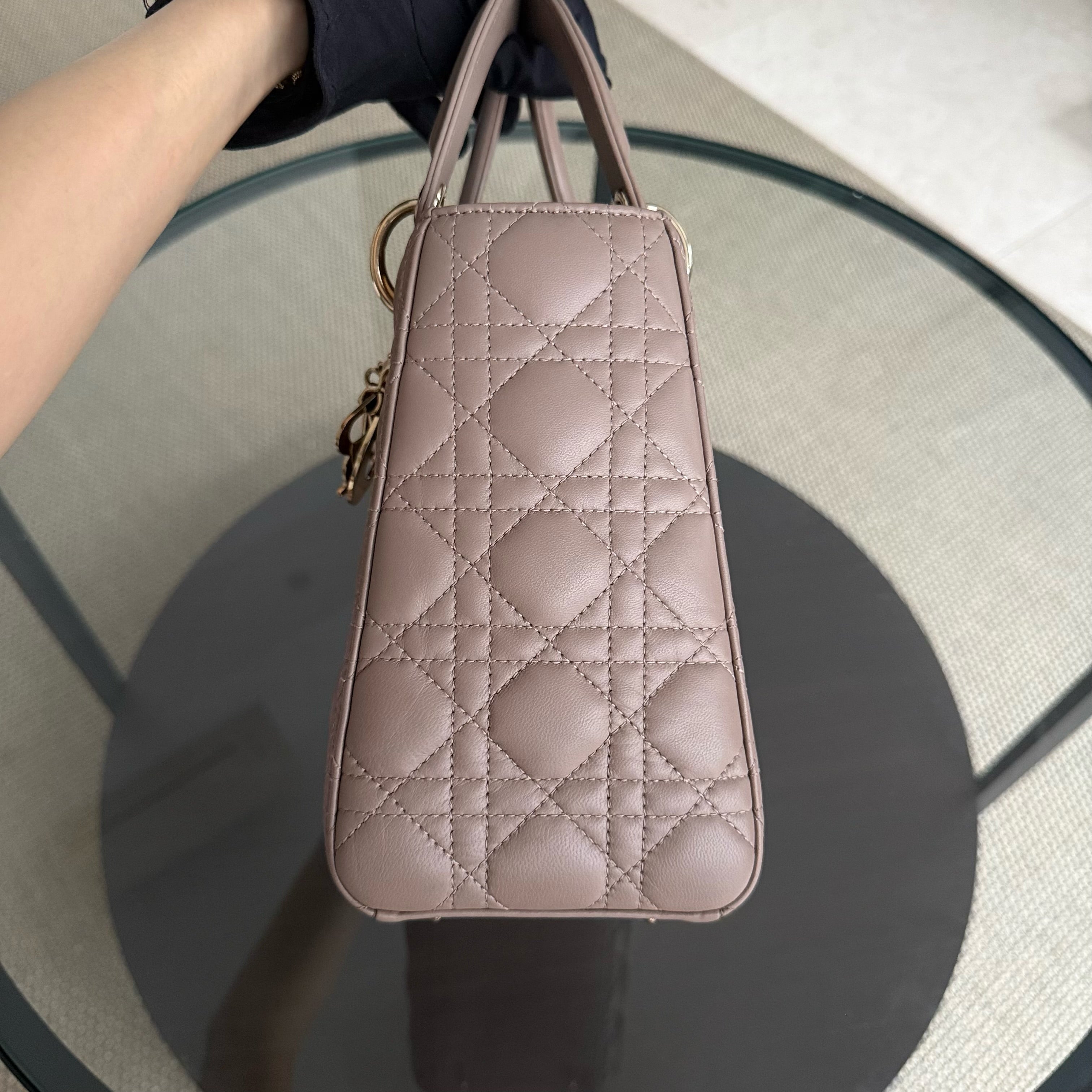 Dior Lady Flap Medium - Cannage Lambskin Dark Blush Gold Hardware Adjustable Strap
