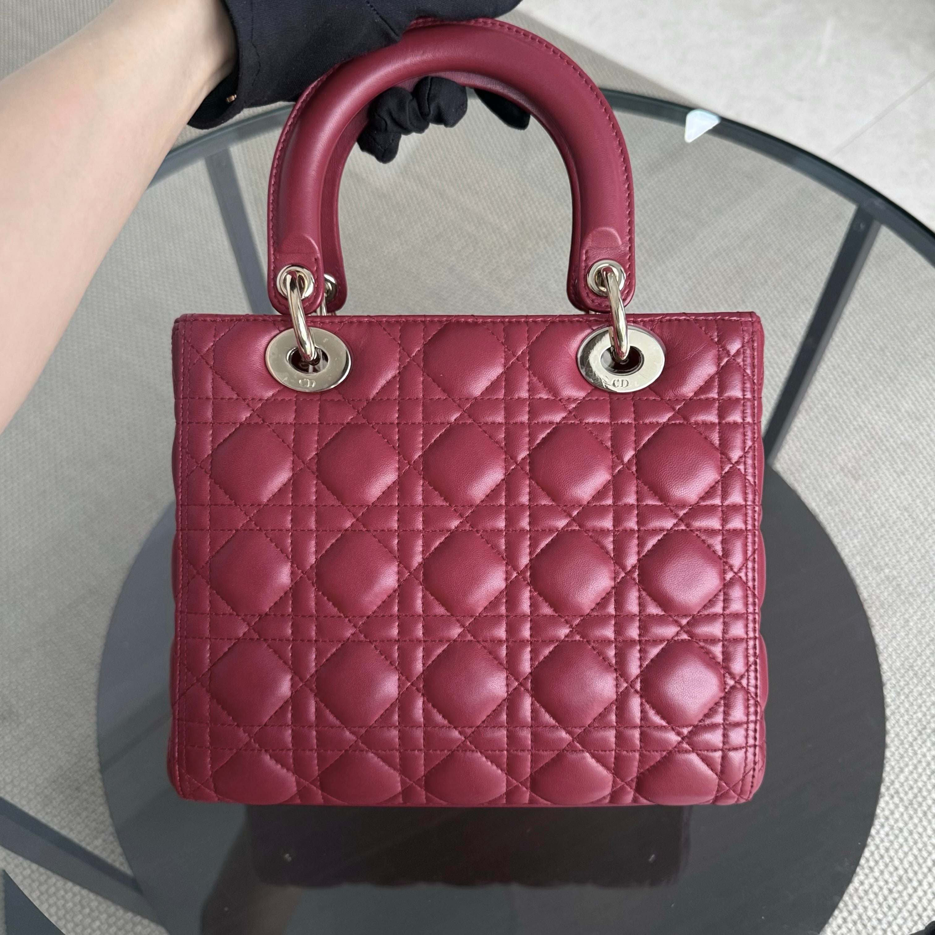 Dior Lady Medium - Cannage Lambskin Burgundy Dark Red Gold Hardware Adjustable Strap