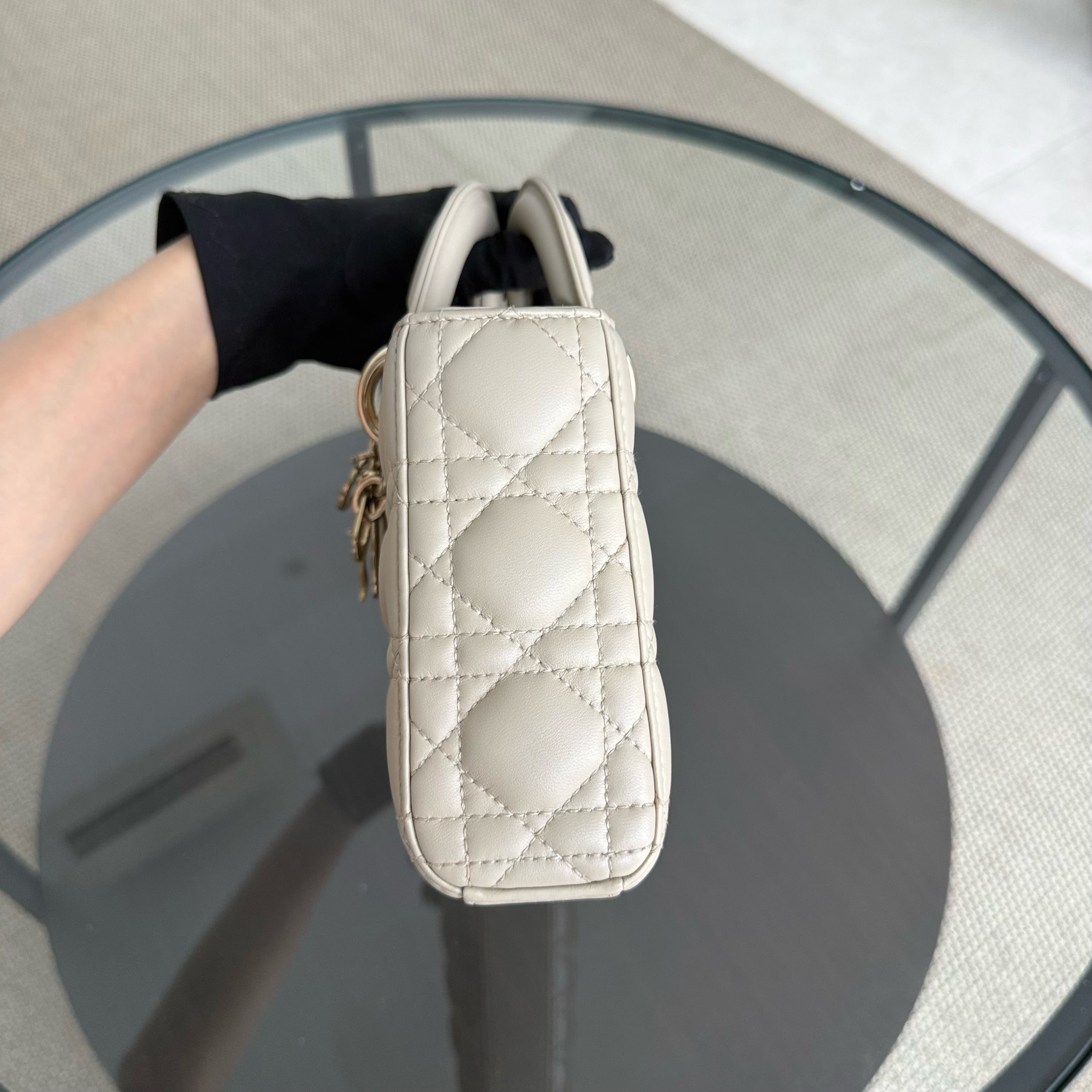 Dior D-Joy Medium Cannage Lambskin Beige Golden Hardware Shoulder Bag