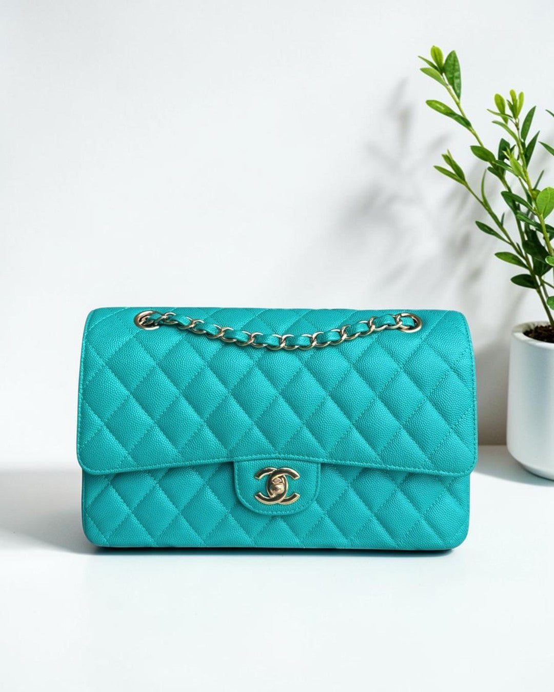 Chanel Classic Flap Medium - Caviar 25CM Quilted Cyan Blue Gold Hardware Series 23