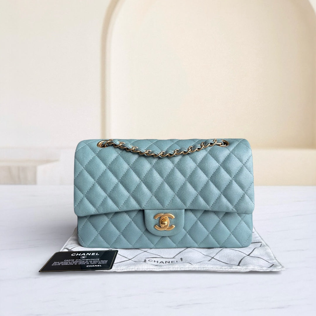 Chanel Classic Flap Medium - Caviar 25CM Quilted Grained Calfskin Light Blue Gold Hardware Series 25