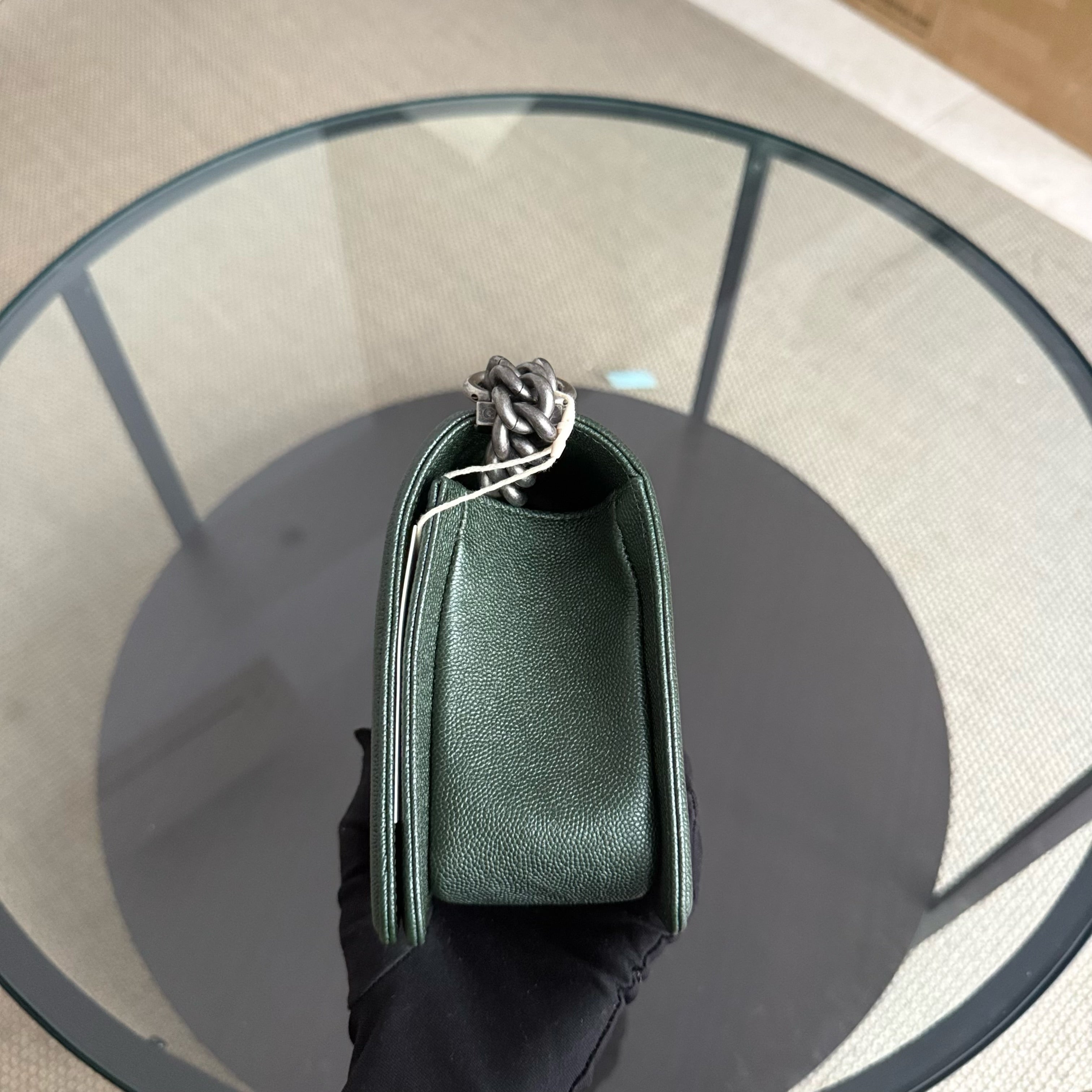 Chanel Boy Medium - Caviar 25CM Chevron Dark Green Ruthenium Silver Hardware Series 26