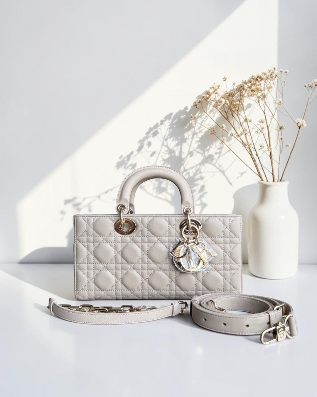 Dior D-Joy Medium Cannage Lambskin Beige Golden Hardware Shoulder Bag