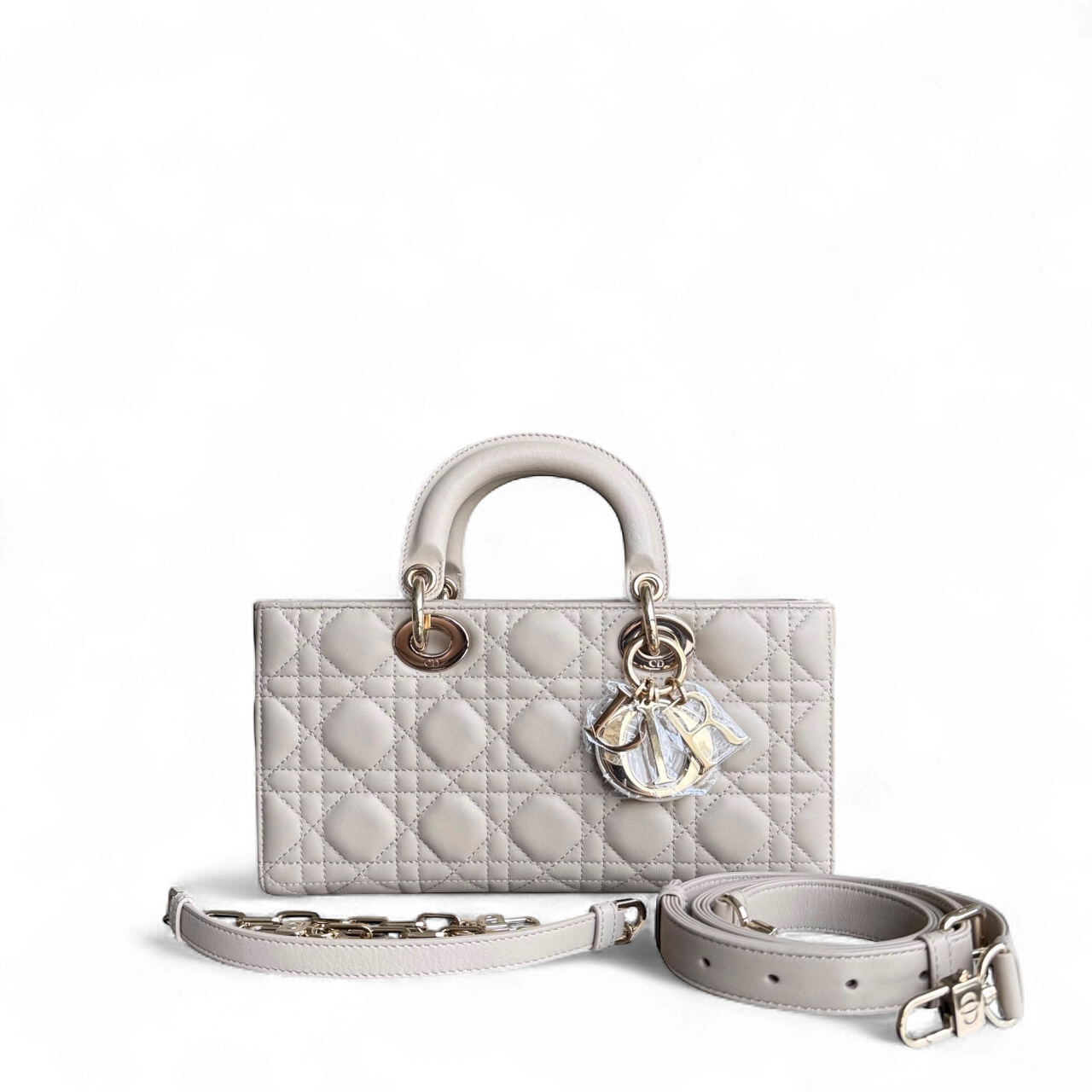 Dior D-Joy Medium Cannage Lambskin Beige Golden Hardware Shoulder Bag