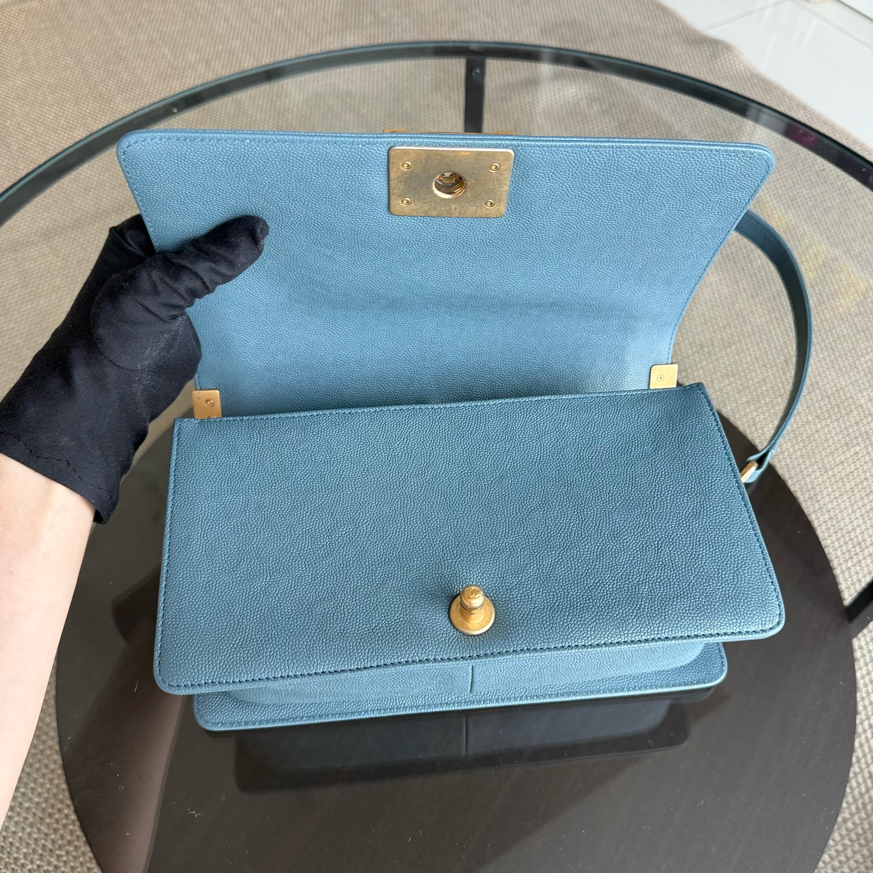 Chanel Boy Medium - Caviar 25CM Quilted Blue Gold Hardware 25