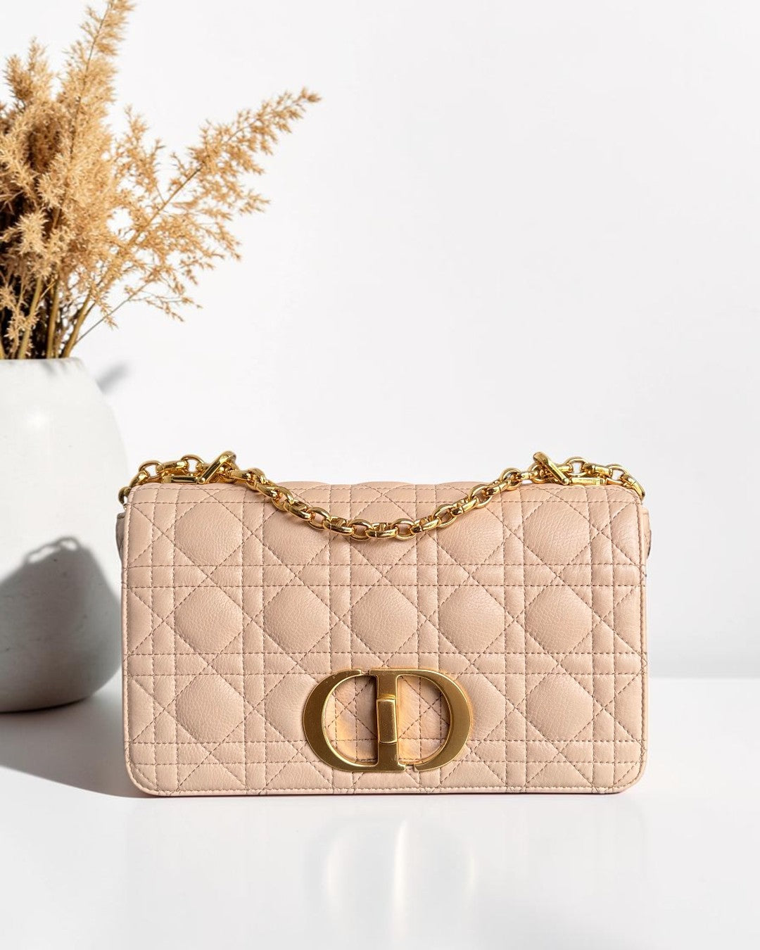 Dior Caro Medium - Cannage Grained Calfskin Beige Gold Hardware