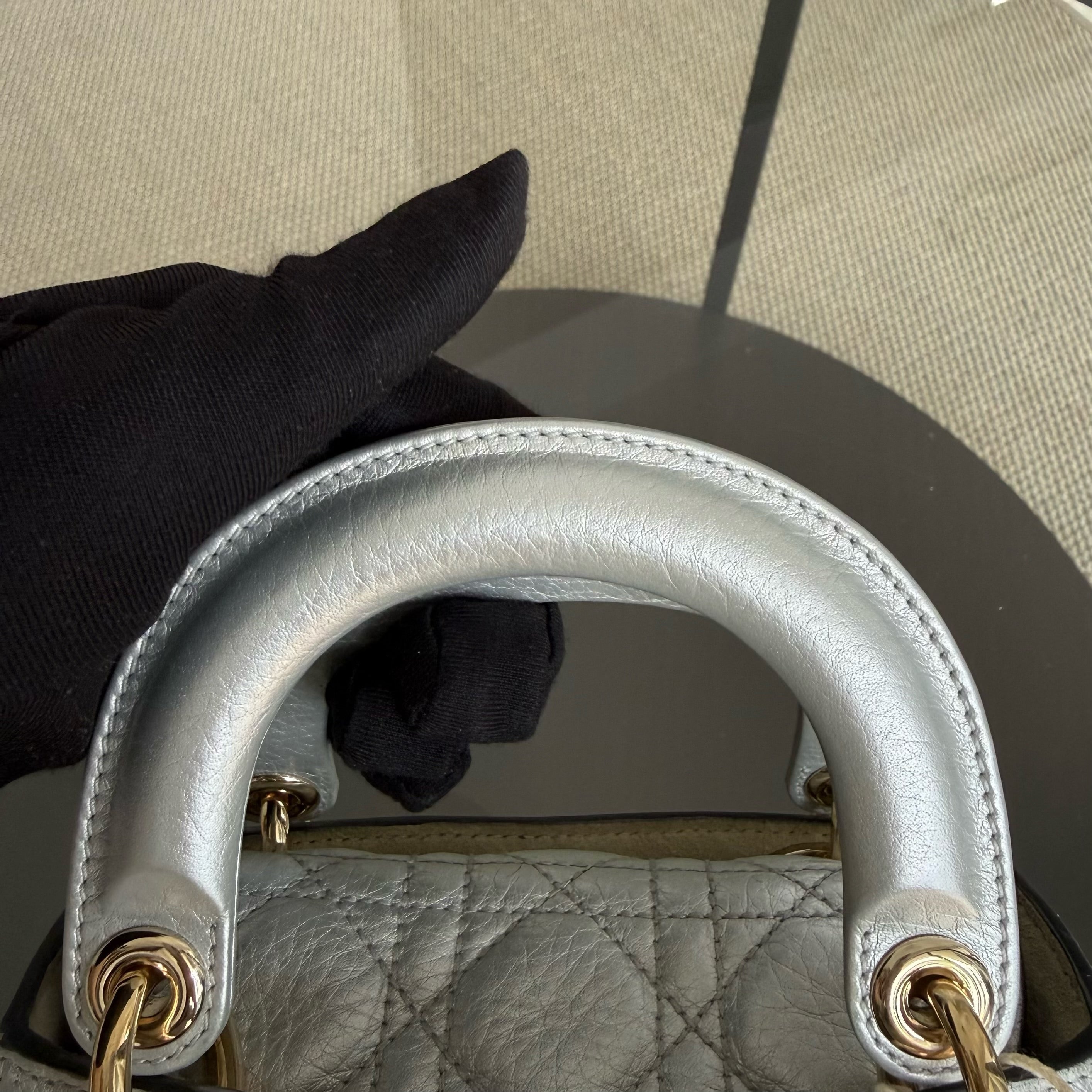 Dior Lady Mini - Cannage Caviar Gray Grey Gold Hardware
