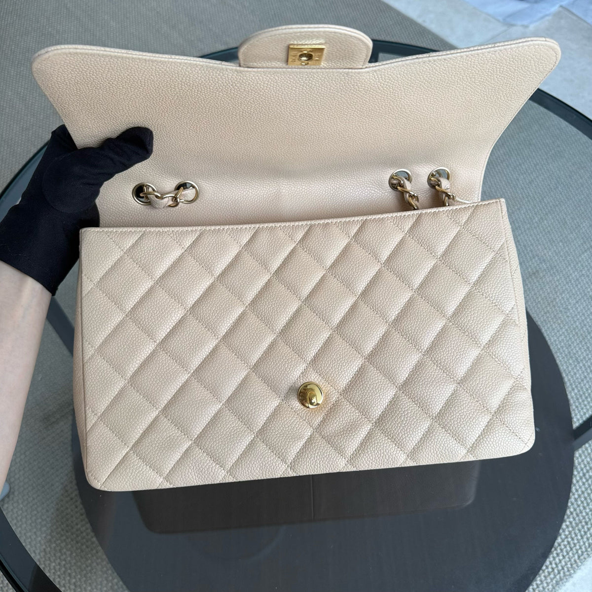 Chanel Classic Flap Jumbo - Caviar 30CM Single Flap Quilted Beige Gold Hardware Series 12