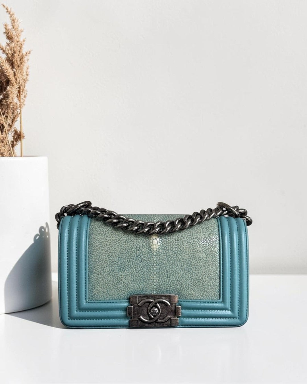 Chanel Boy Small - 20CM Stingray Tiffany Blue Silver Hardware Series 22