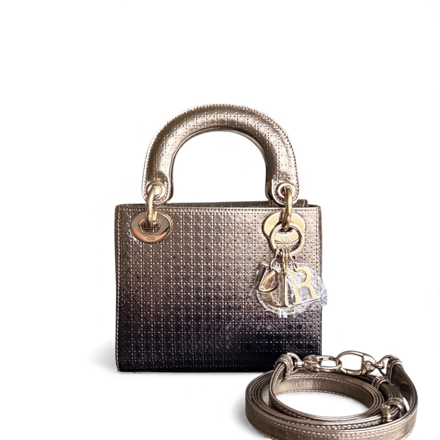 Dior Lady Mini - Calfskin Micro-Cannage Metallic Gold Gold Hardware Adjustable Strap