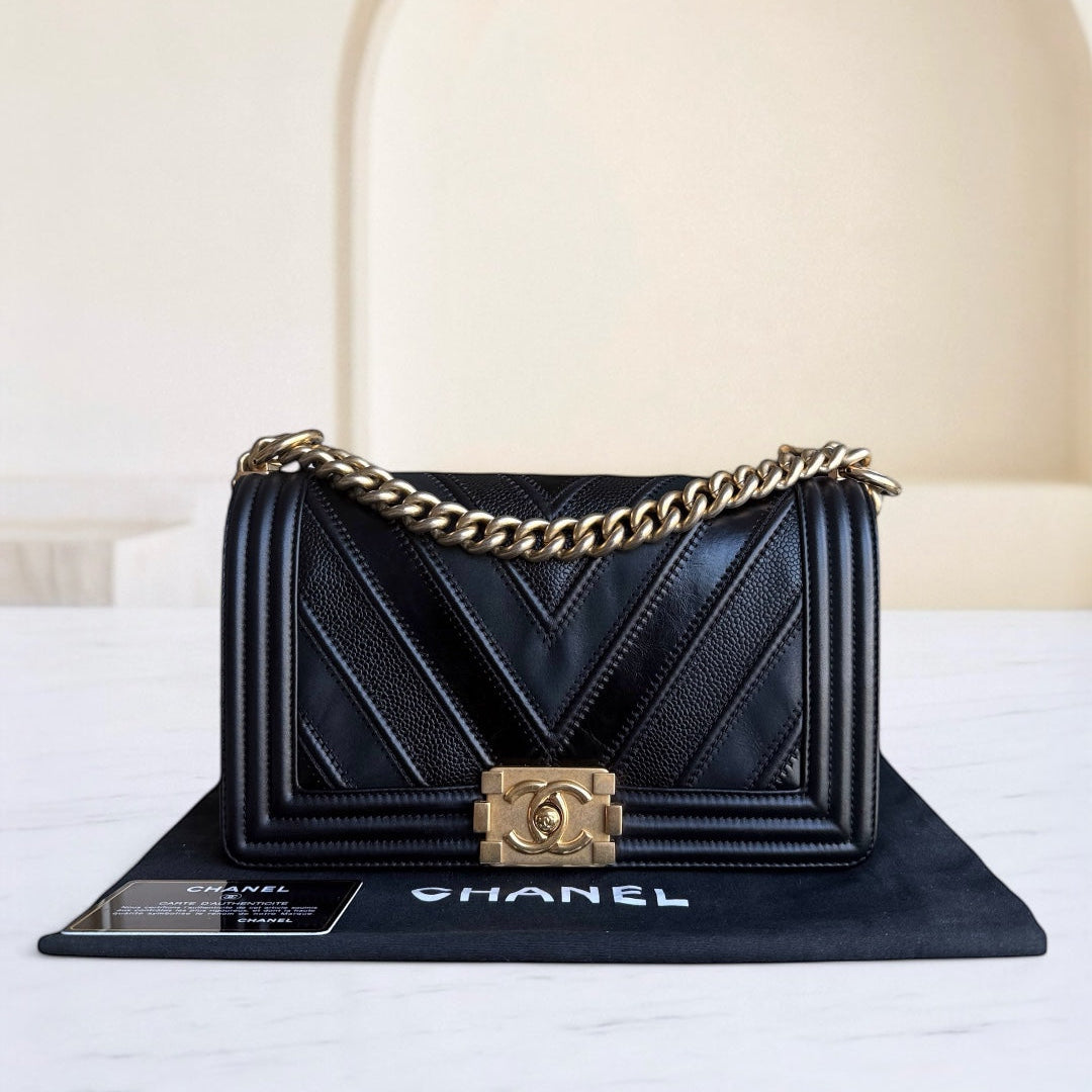 Chanel Boy Medium - 25CM Quilted Calfskin Black Gold Hardware Series 22