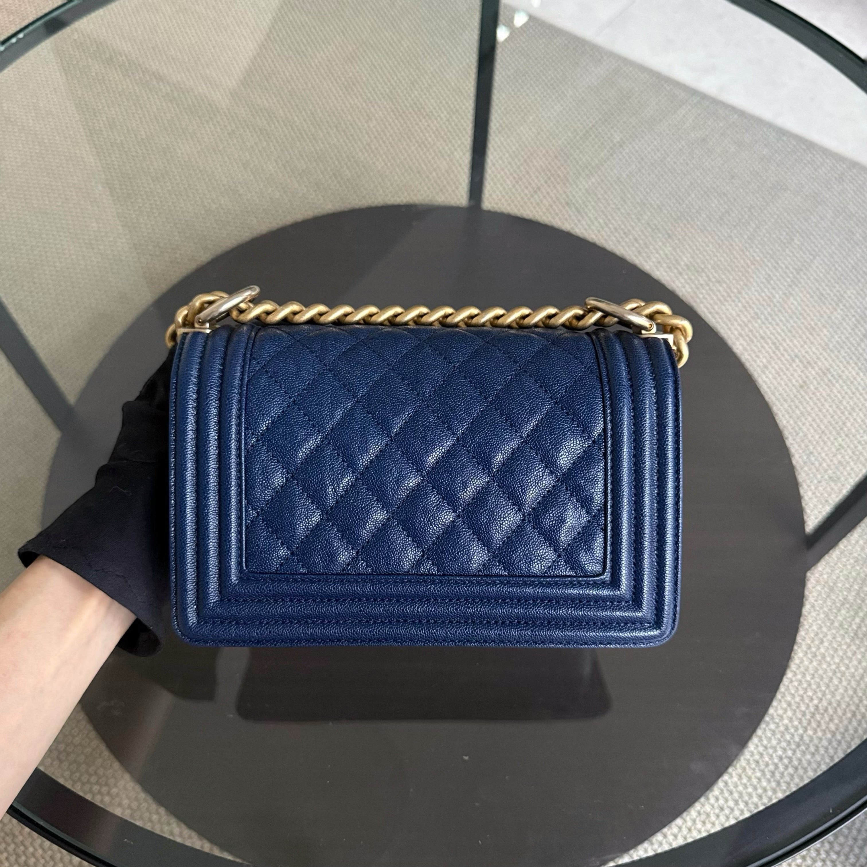 Chanel Boy Small - Caviar 20CM Quilted Dark Blue Gold Hardware Series 26