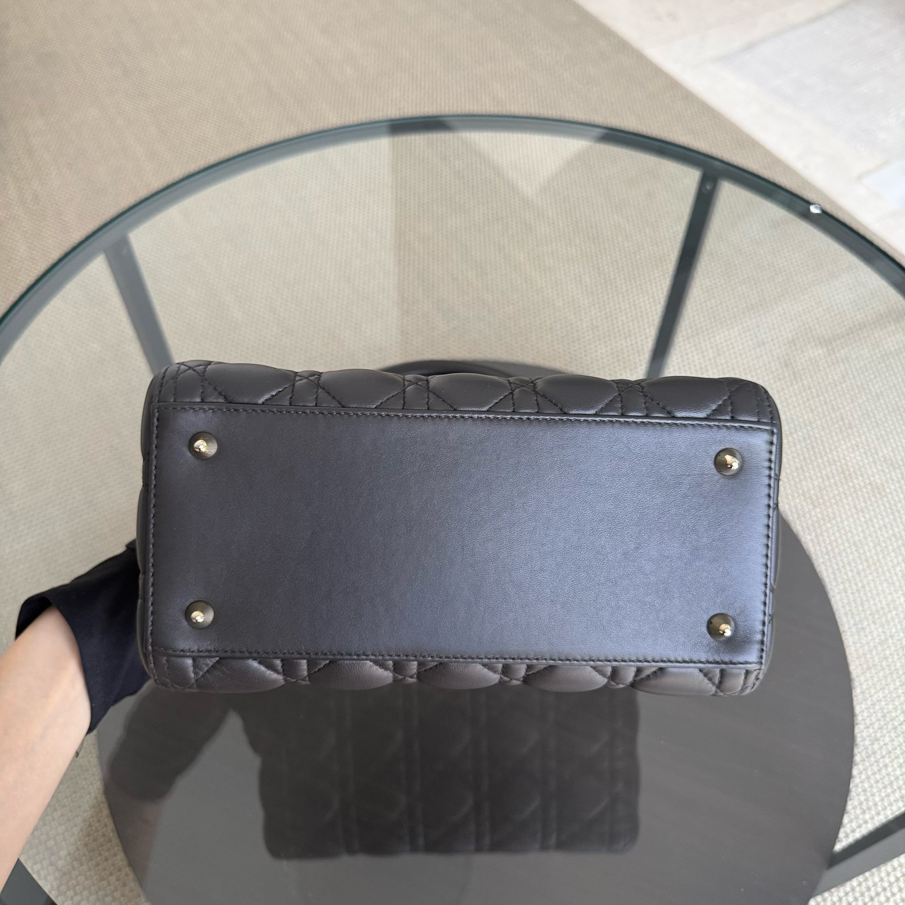 Dior Lady Medium - Cannage Lambskin Dark Gray Gold Hardware Adjustable Strap