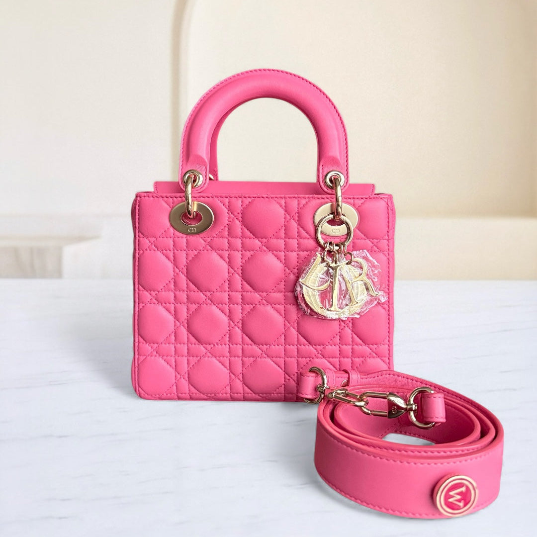 Dior Lady Small - Cannage Lambskin Barbie Pink Gold Hardware