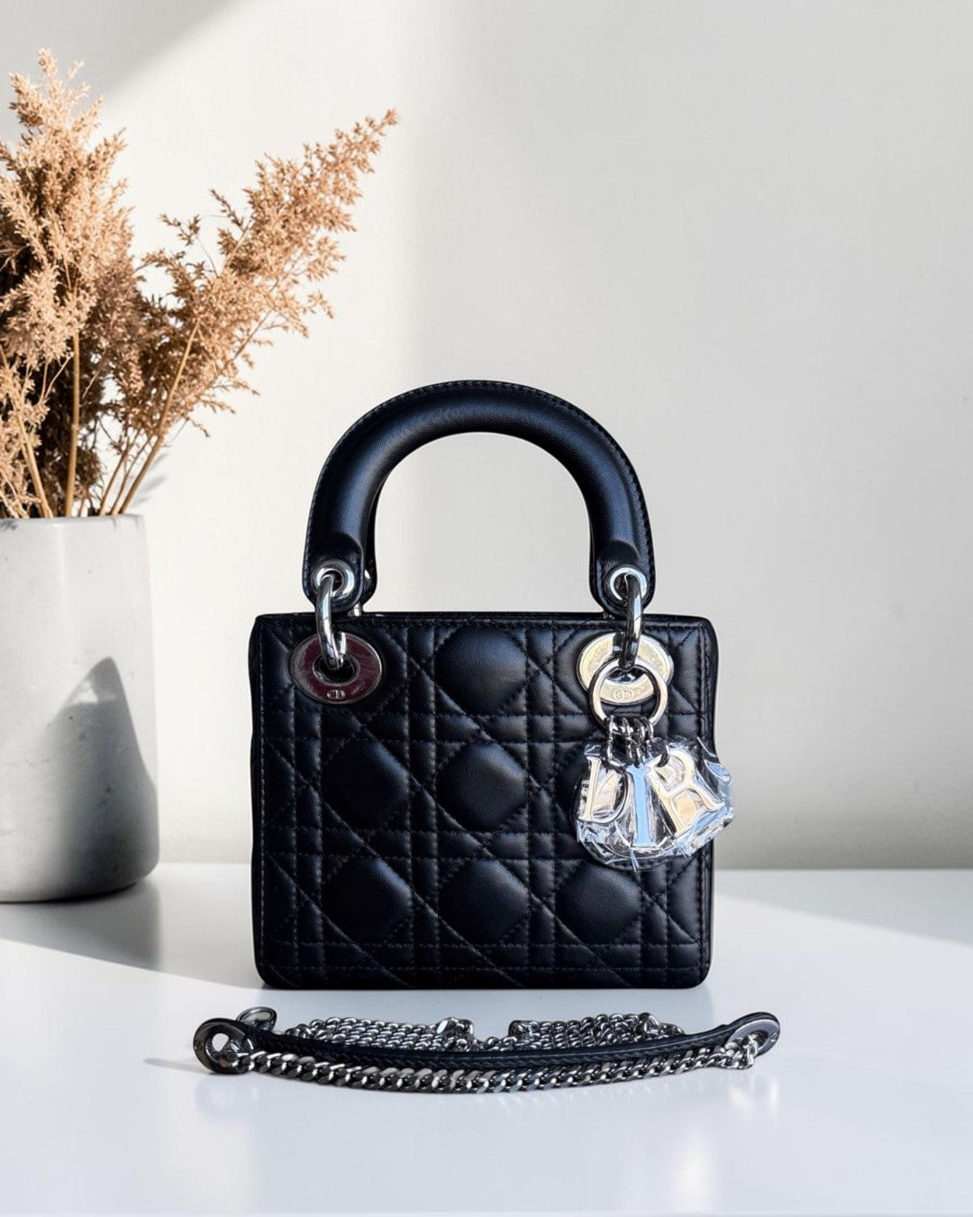 Dior Lady Mini - Cannage Lambskin Black Silver Hardware Chain Strap