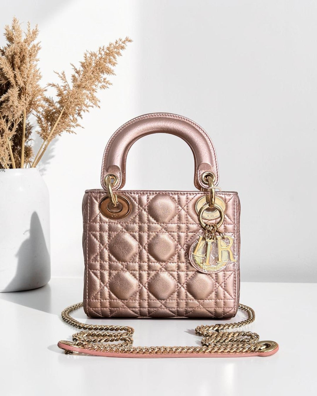 Dior Lady Mini - Cannage Rose Calfskin Gold Hardware Chain Strap