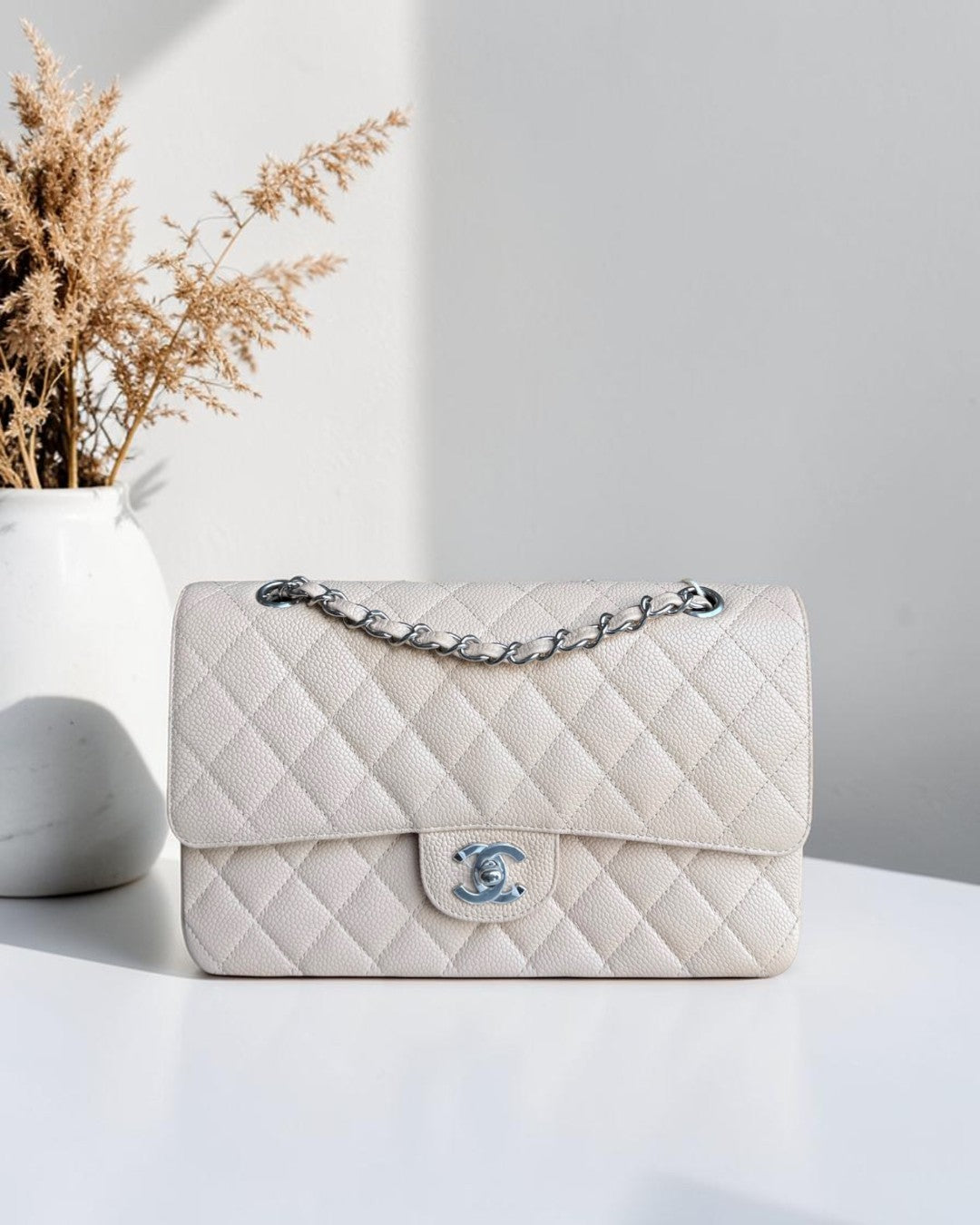 Chanel Classic Flap Medium - 25CM Quilted Beige Caviar Silver Hardware Series 12