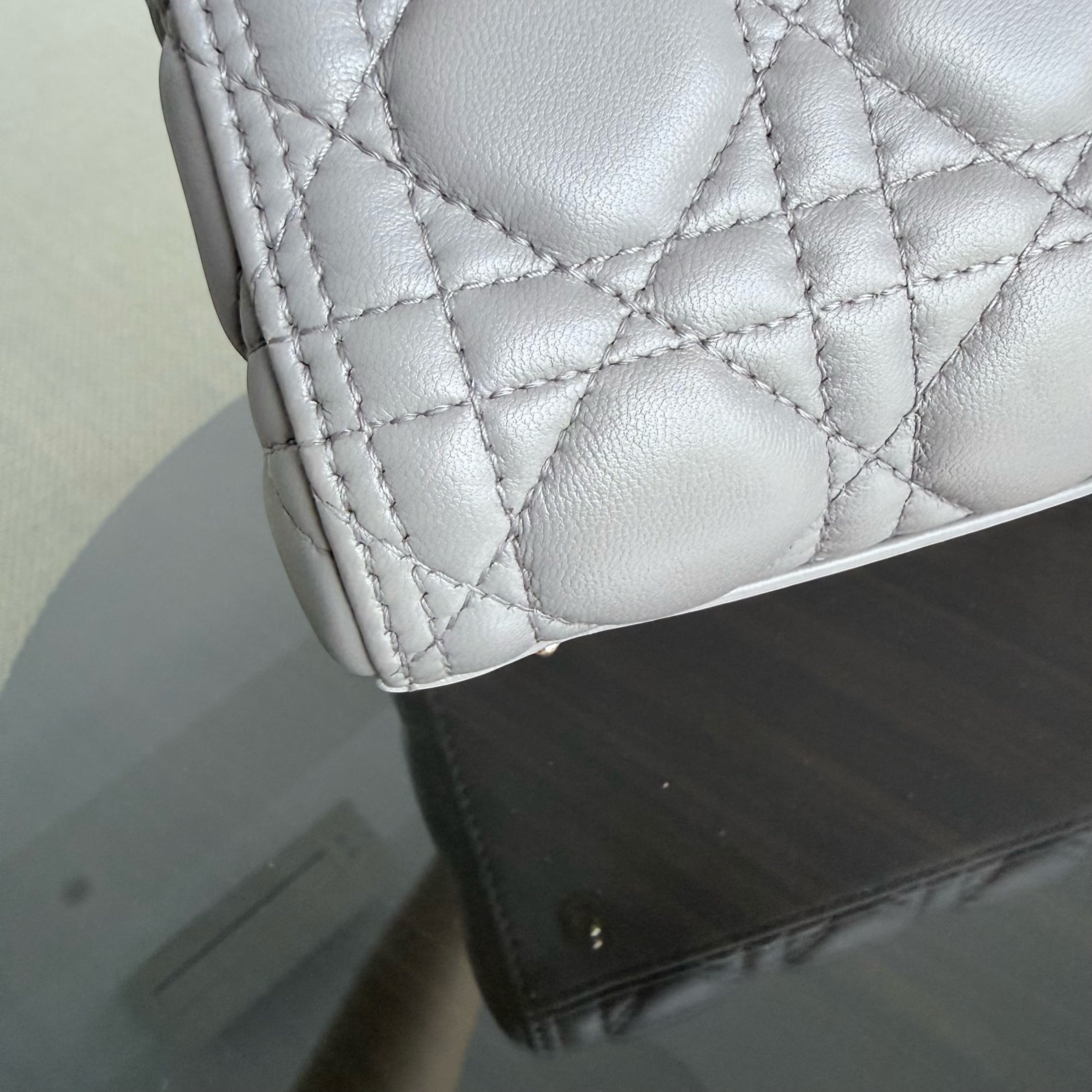Dior Lady Medium - Cannage Lambskin Gray Grey Gold Hardware Adjustable Strap