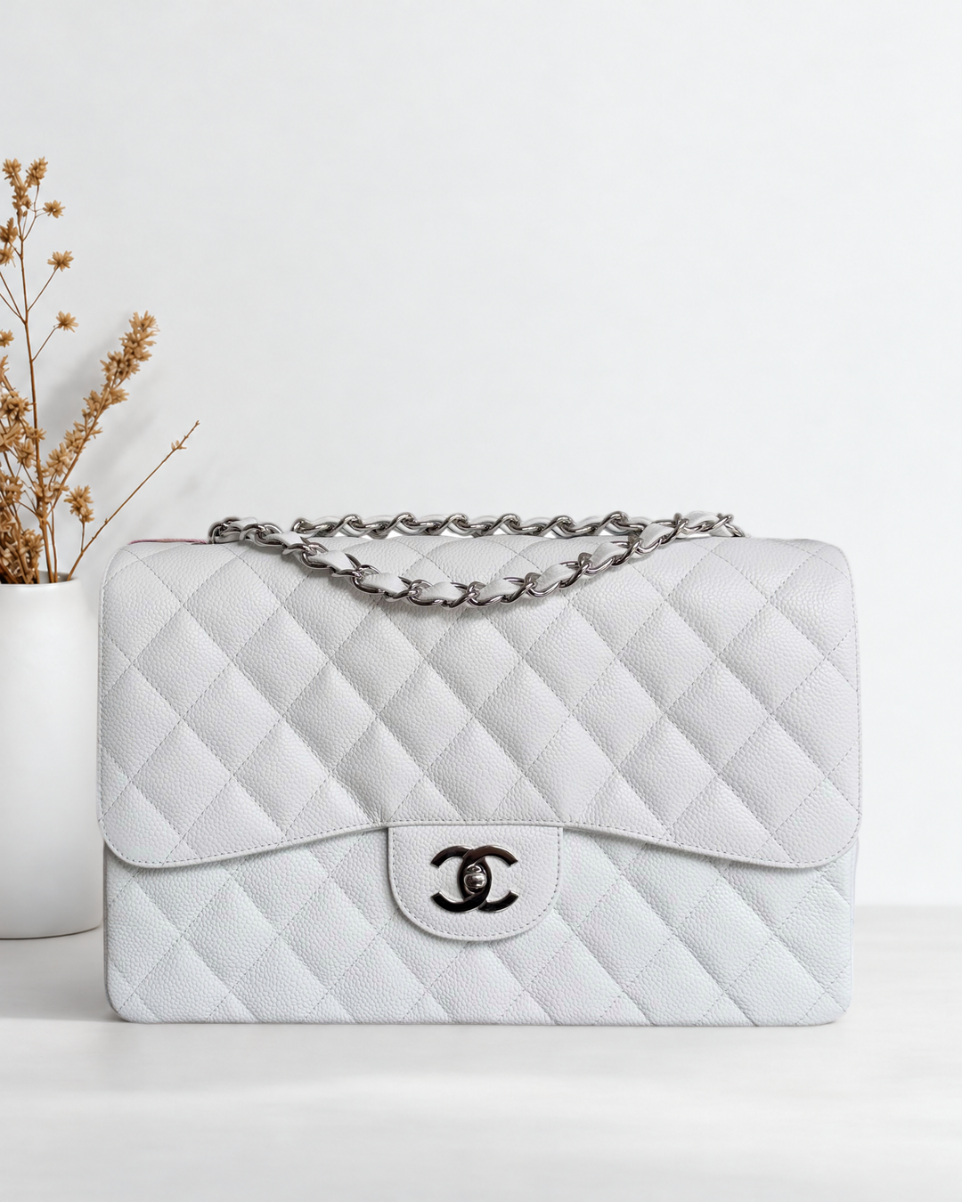Chanel Classic Flap Jumbo - Caviar 30CM Single Flap Quilted White Silver Hardware