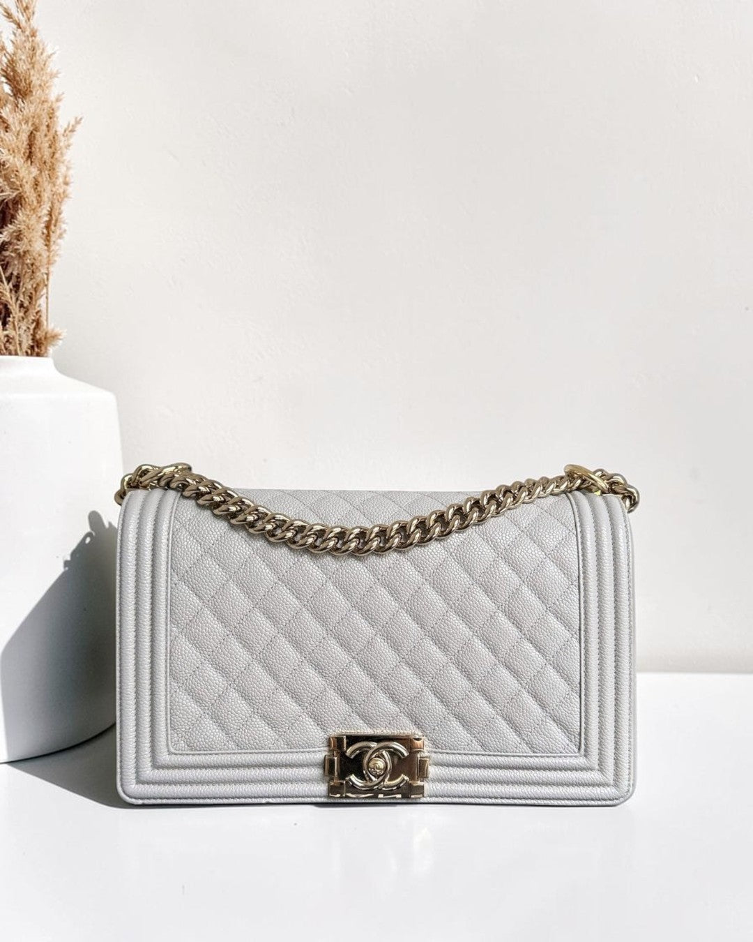 Chanel Boy New Medium - 28CM Quilted Caviar Grey Gray Gold Hardware Series 28