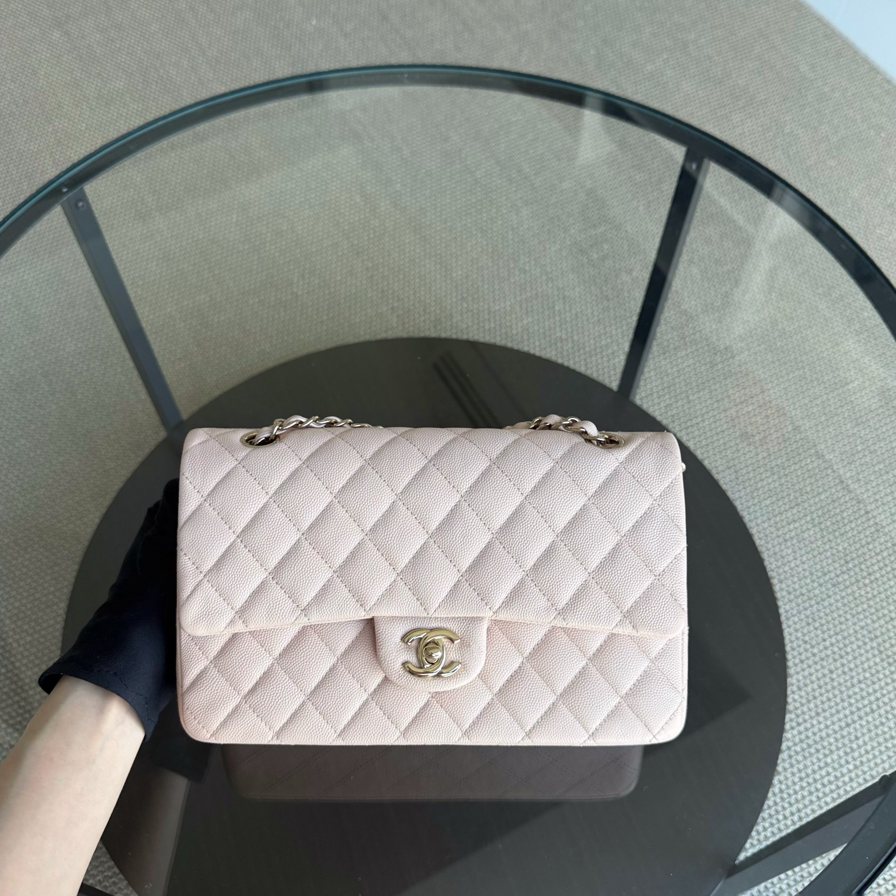 Chanel Classic Flap Medium - Caviar 25CM Quilted Grained Calfskin Light Pink Beige Gold Hardware Microchip
