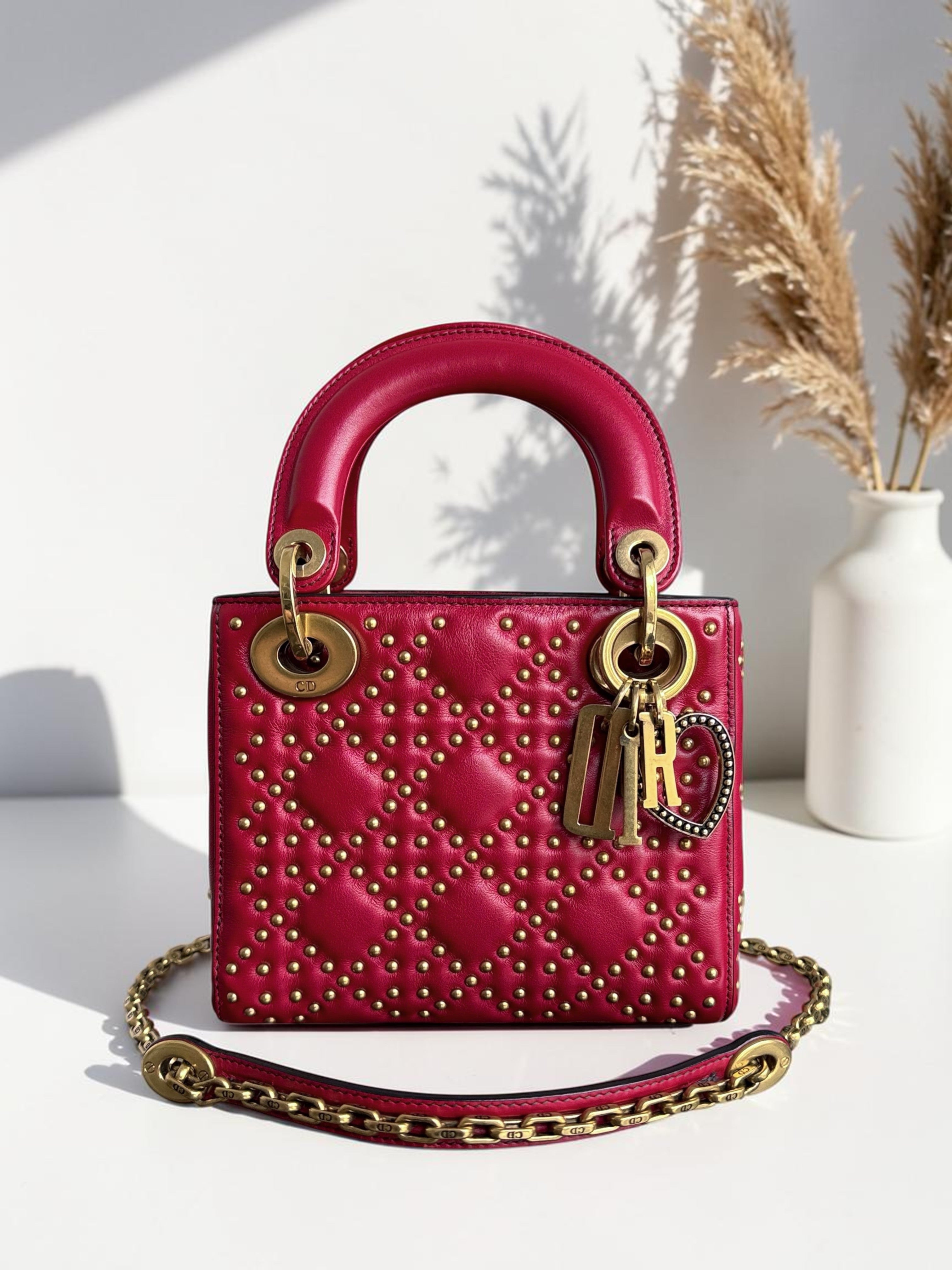 Dior Lady Mini - Valentine Studded Red Golden Hardware