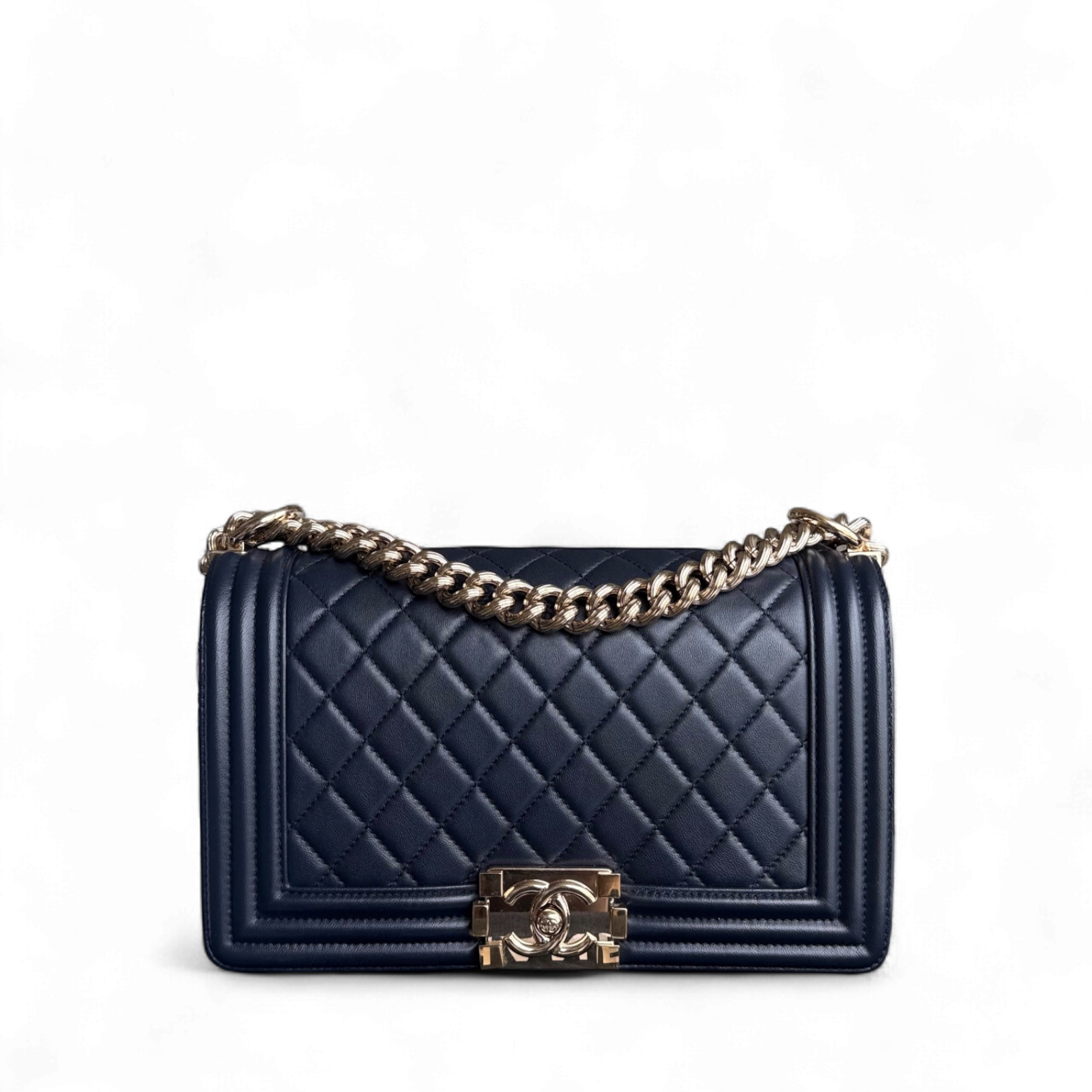 Chanel Boy Medium - 25CM Quilted Lambskin Dark Blue Gold Hardware Series 24